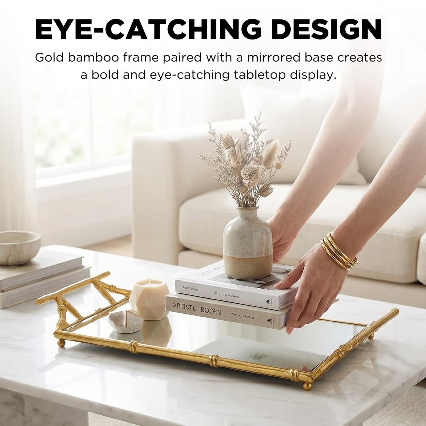 Gold Mirrored Decorative Tray, 20" Large Rectangular Aluminum Bamboo Frame