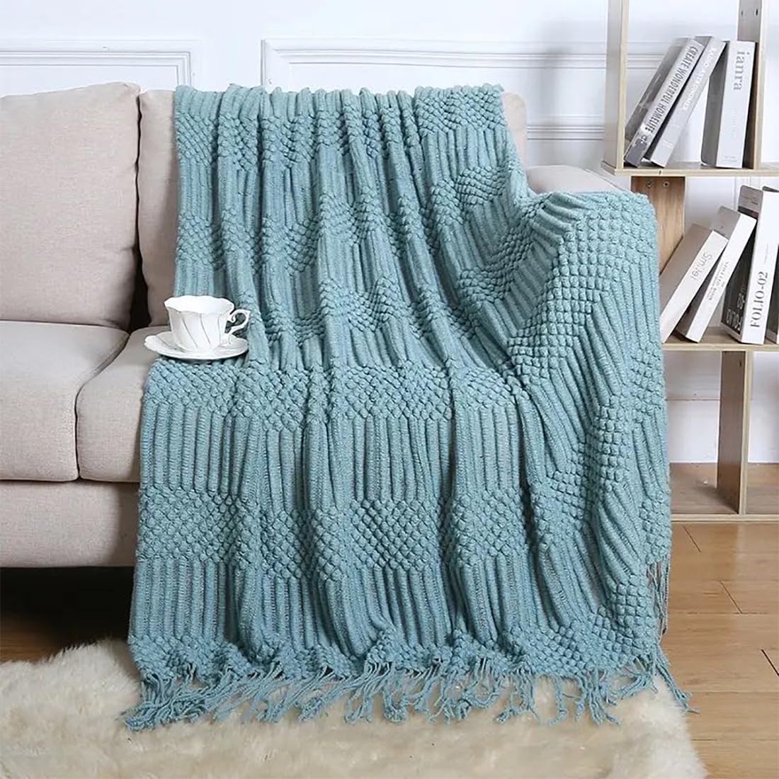 Fennco Styles Striped Knit Solid Fringe Throw Blanket 50" W x 60" L - Navy Blue Soft Textured Light Weight Blanket for Sofa, Couch, Living Room and Bedroom Décor