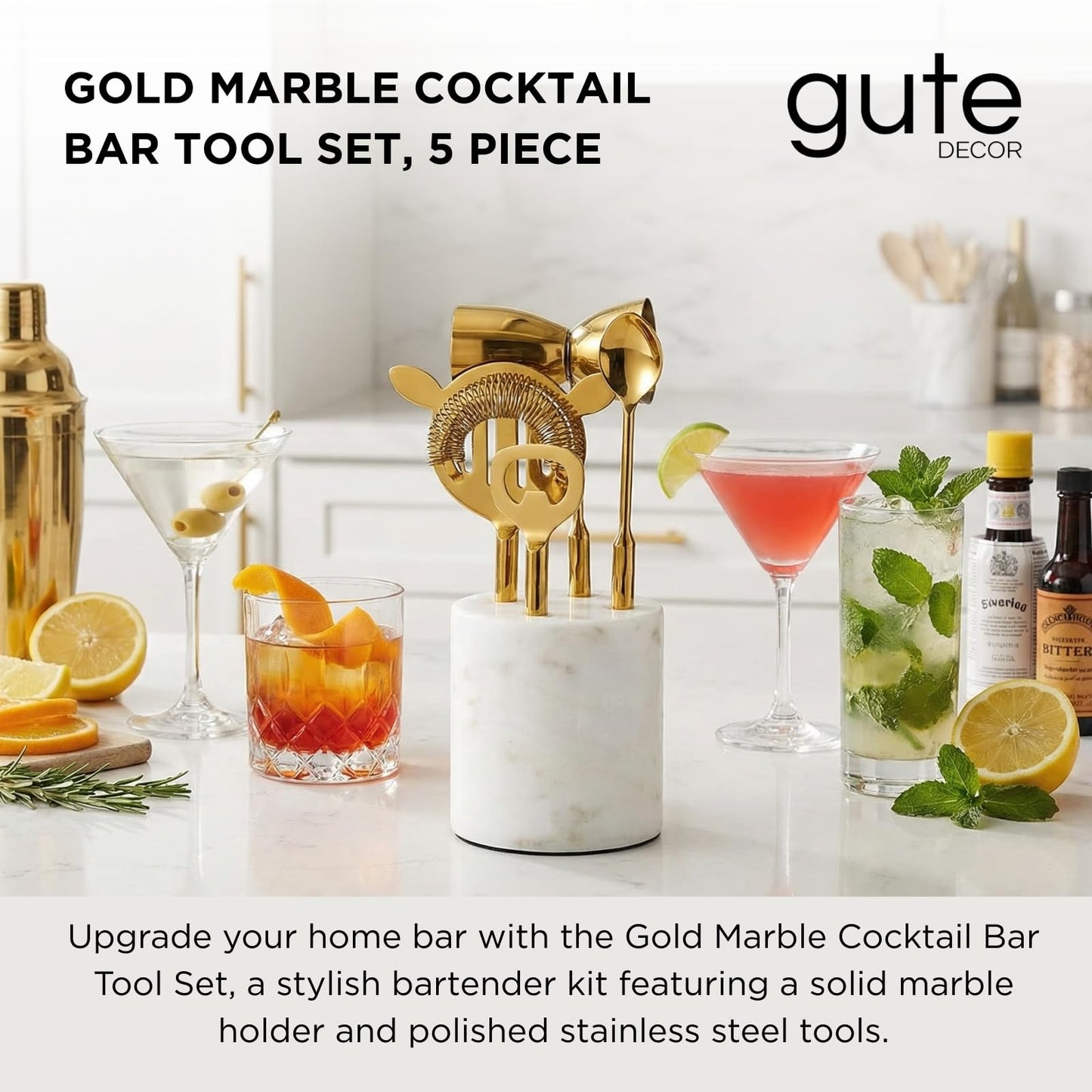 Gold Marble Cocktail Bar Tool Set, 5 Piece 9.06 x 3.75 Inch White Stone Holder Stainless Steel