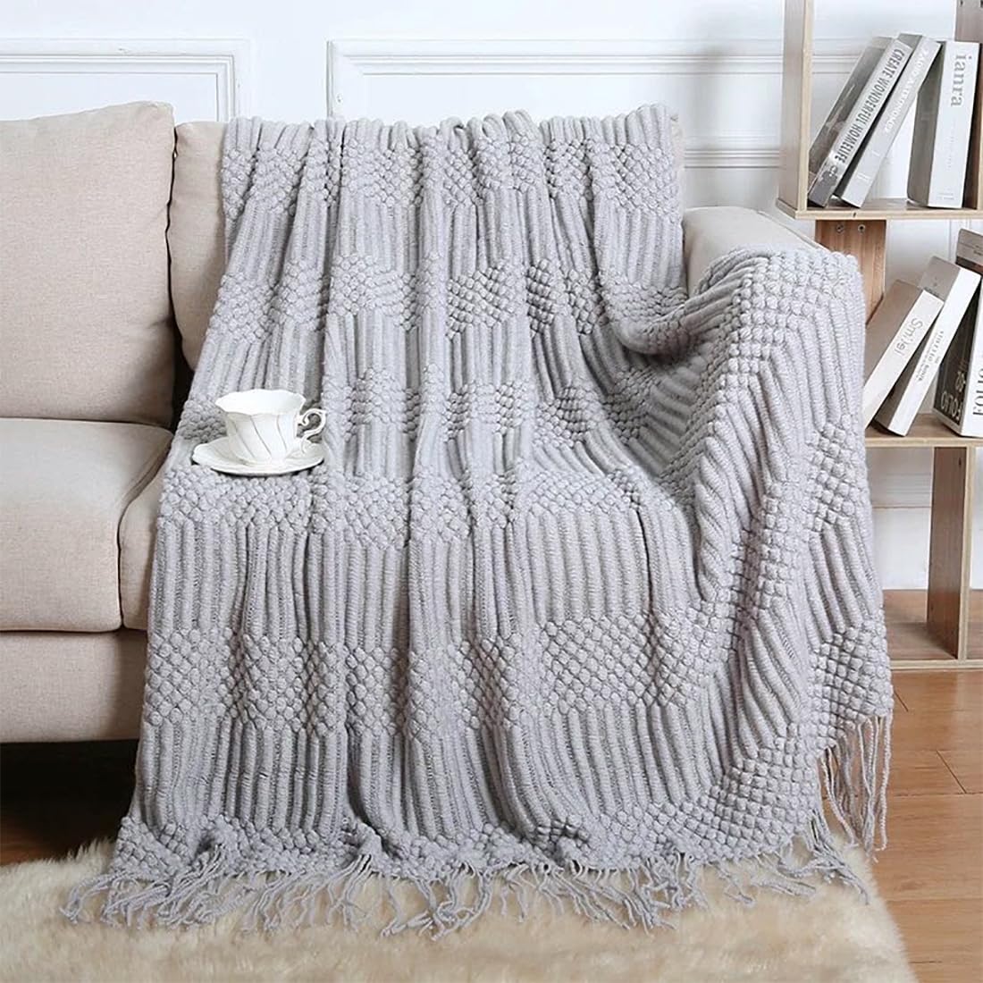 Fennco Styles Striped Knit Solid Fringe Throw Blanket 50" W x 60" L - Navy Blue Soft Textured Light Weight Blanket for Sofa, Couch, Living Room and Bedroom Décor