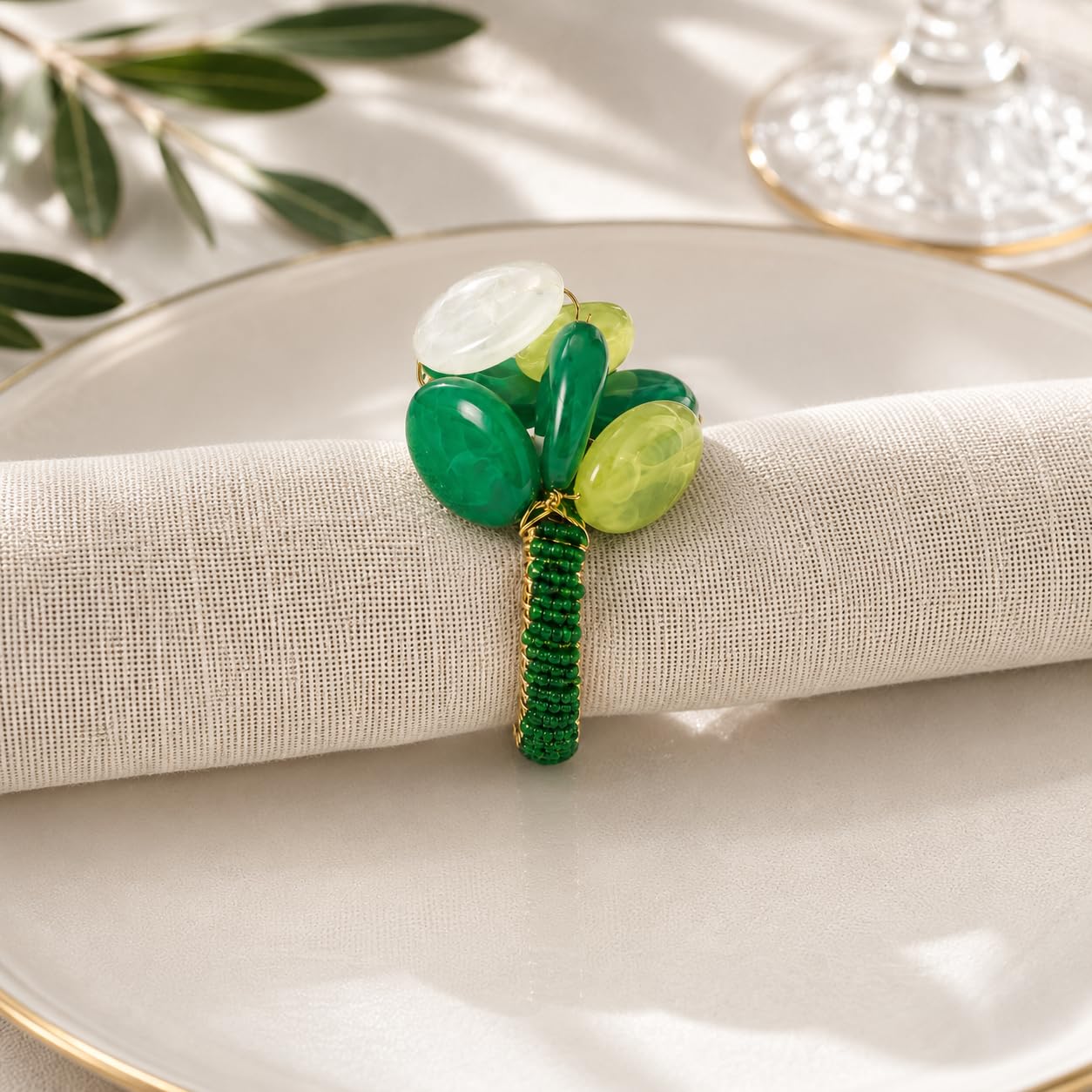 Fennco Styles Brown Gemstone Beaded Napkin Rings, Set of 4 - Handmade Decorative Napkin Holders for Elegant Table Decor, Weddings, Holiday Dining & Everyday Entertaining
