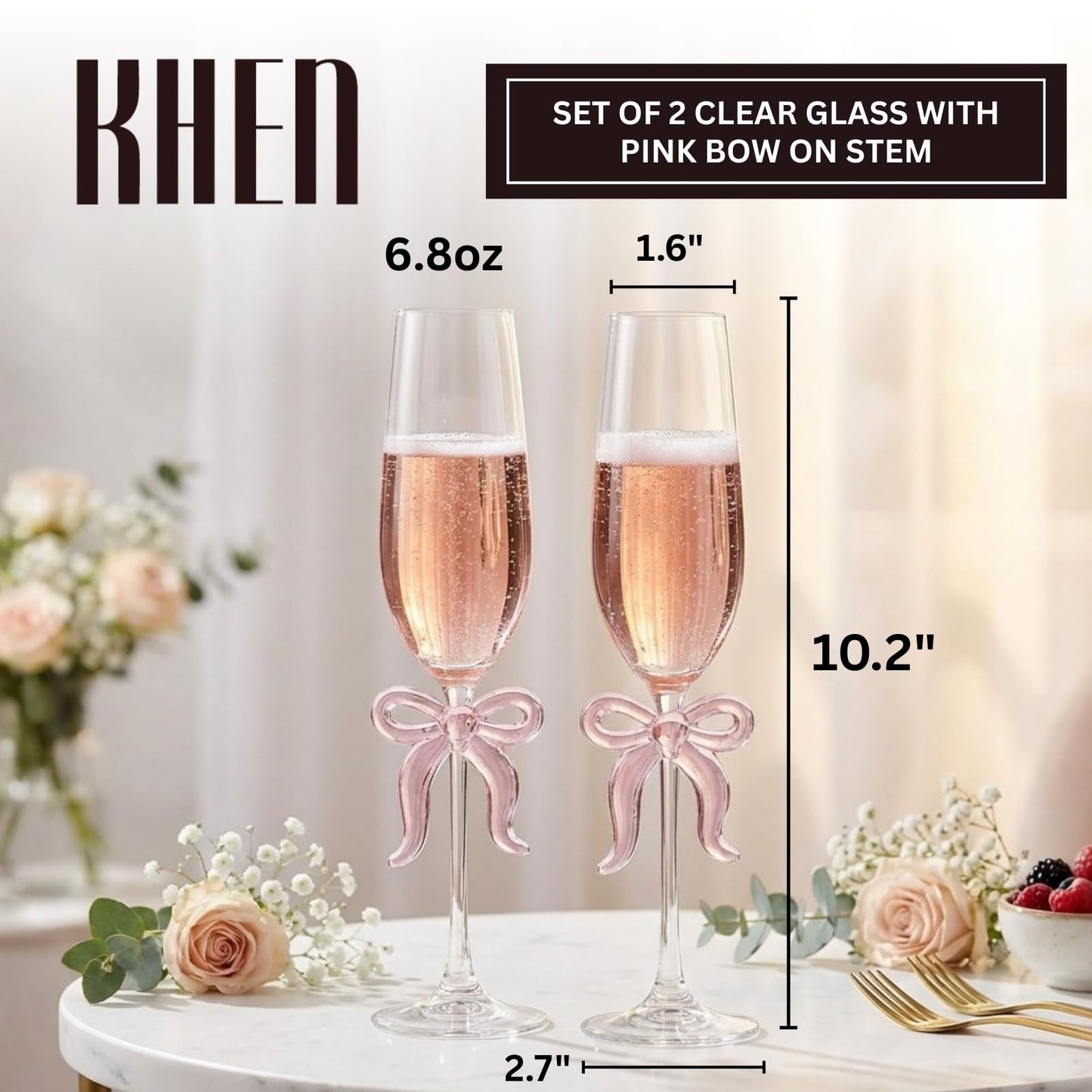 Clear Champagne Glass with Pink Bow on Stem, Set of 2