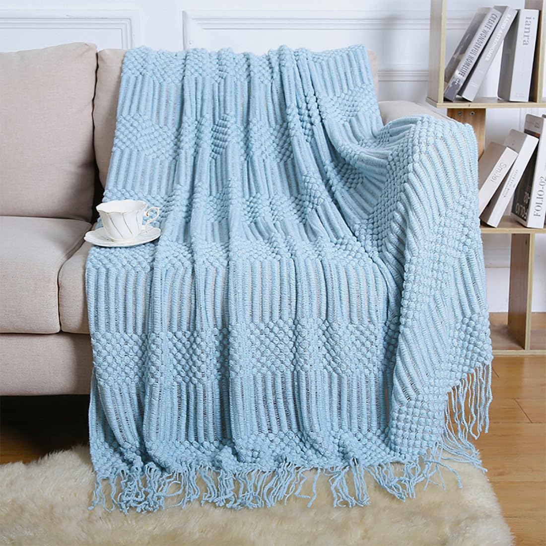 Fennco Styles Striped Knit Solid Fringe Throw Blanket 50" W x 60" L - Navy Blue Soft Textured Light Weight Blanket for Sofa, Couch, Living Room and Bedroom Décor