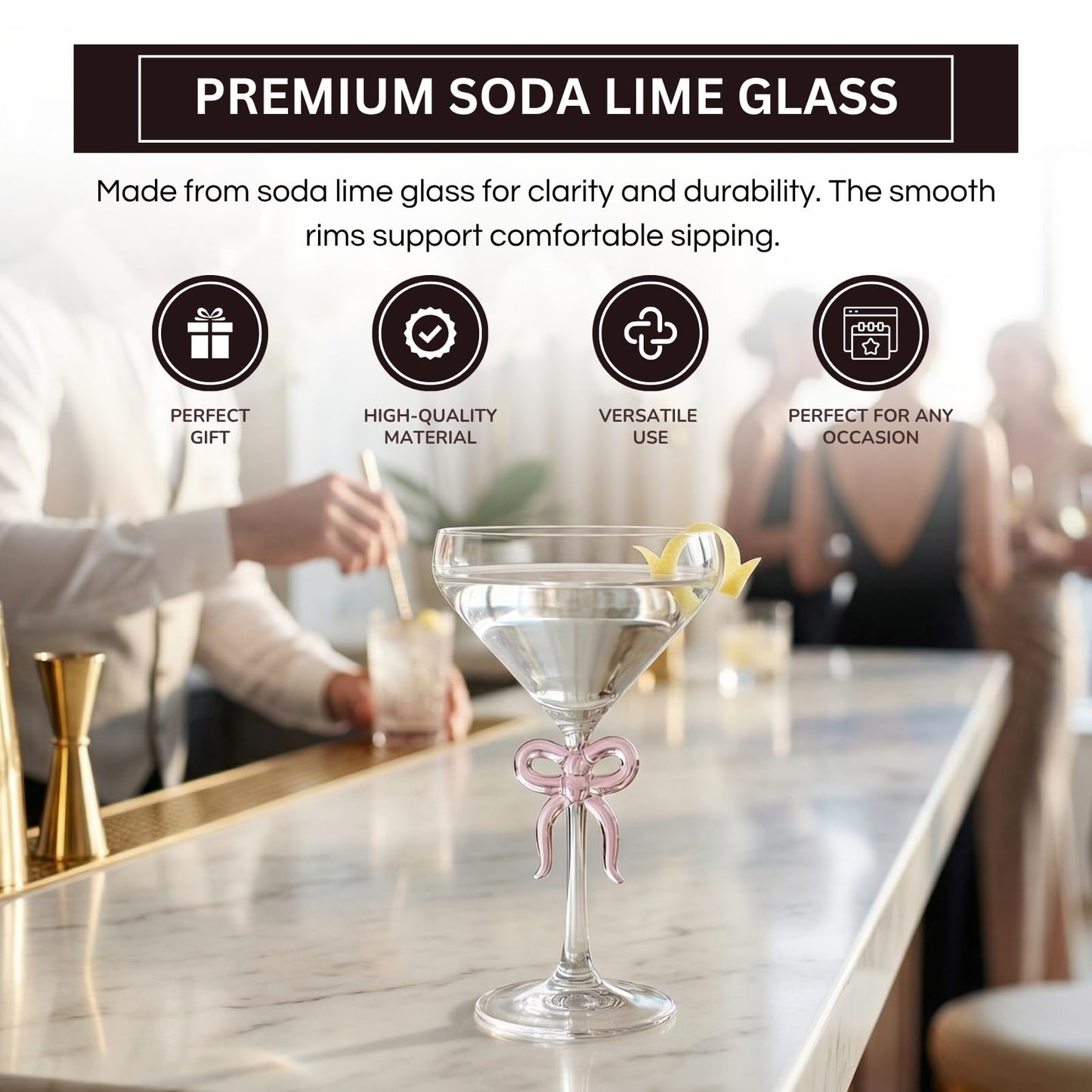 Single Clear Martini Glass with Pink Bow on Stem, One Piece