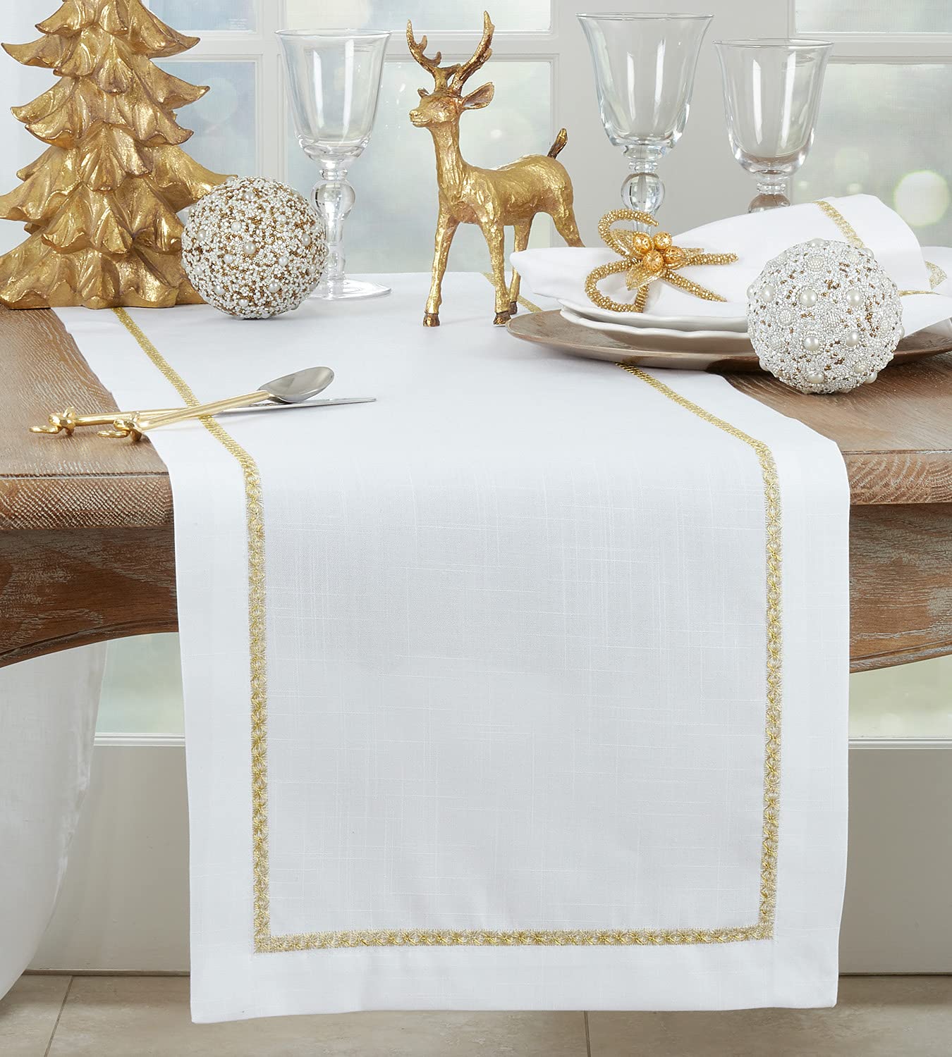 Fennco Styles Embroidered Border Table Runner - Woven Table Cover for Home Décor, Everyday Use, Christmas, Banquets and Special Events
