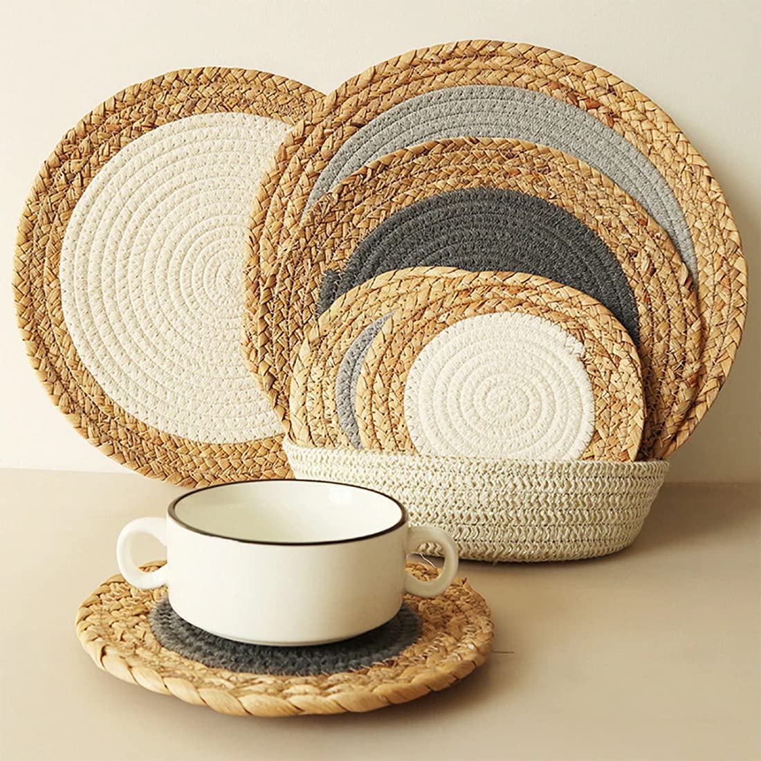 Fennco Styles Hand-Woven Rattan Cotton Rope Placemats Round, Set of 4 - Braided Table Mats Heat Resistant Insulation for Home, Boho Décor, Dining Table, Banquets, Special Events