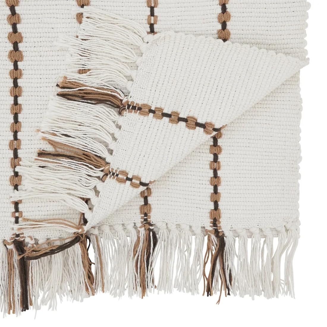 Fennco Styles Stripe Design Tassel Cotton Table Runner 16" W X 72" L - Ivory Woven Table Cover for Home, Dining Table, Banquets, Thanksgiving, Christmas, Holidays and Special Occasion