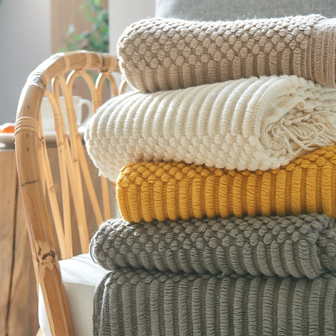 Fennco Styles Striped Knit Solid Fringe Throw Blanket 50" W x 60" L - Navy Blue Soft Textured Light Weight Blanket for Sofa, Couch, Living Room and Bedroom Décor