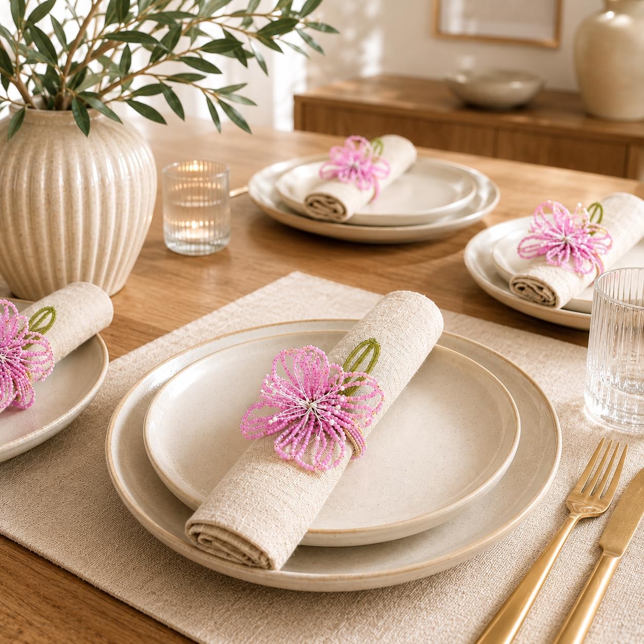 Fennco Styles Pink Beaded Flower Napkin Rings Set of 4, Handmade Floral Napkin Holders for Easter, Garden Parties, Bridal Showers, Weddings, and Everyday Entertaining