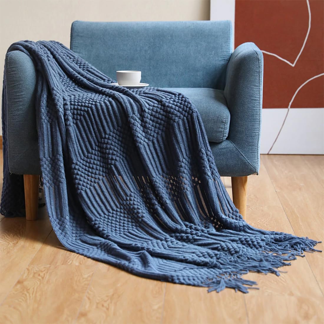 Fennco Styles Striped Knit Solid Fringe Throw Blanket 50" W x 60" L - Navy Blue Soft Textured Light Weight Blanket for Sofa, Couch, Living Room and Bedroom Décor