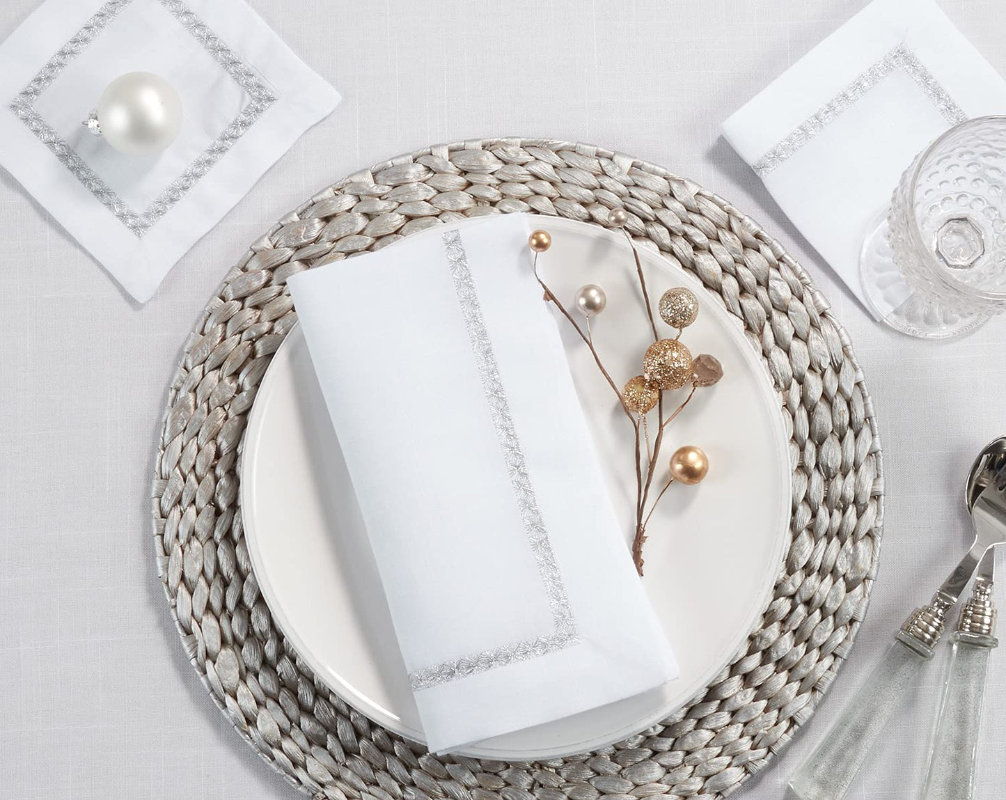 Fennco Styles Gold Embroidered Border Tablecloth 70" W x 70" L - Woven Table Cover for Home Décor, Everyday Use, Christmas, Banquets, Wedding and Special Events