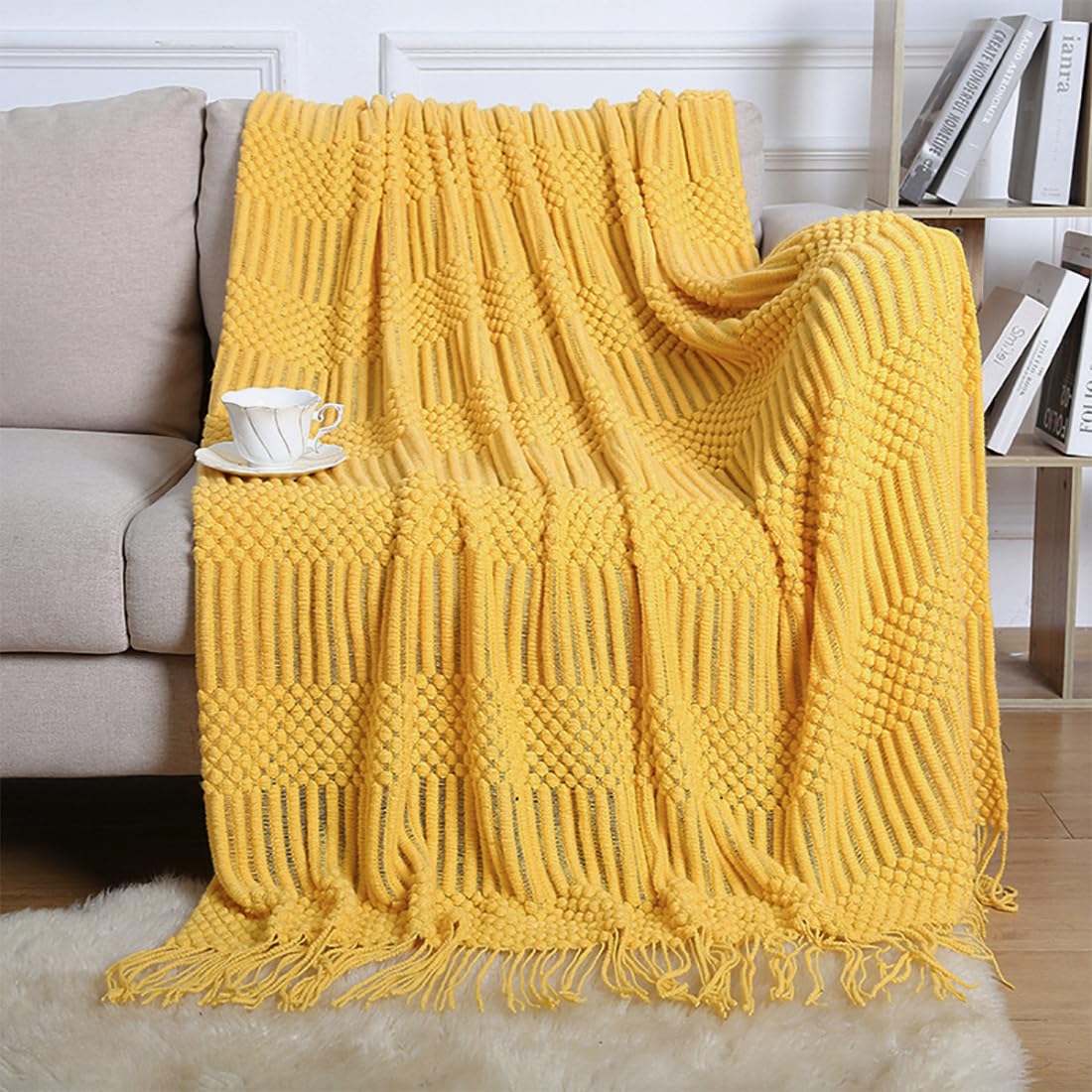 Fennco Styles Striped Knit Solid Fringe Throw Blanket 50" W x 60" L - Navy Blue Soft Textured Light Weight Blanket for Sofa, Couch, Living Room and Bedroom Décor