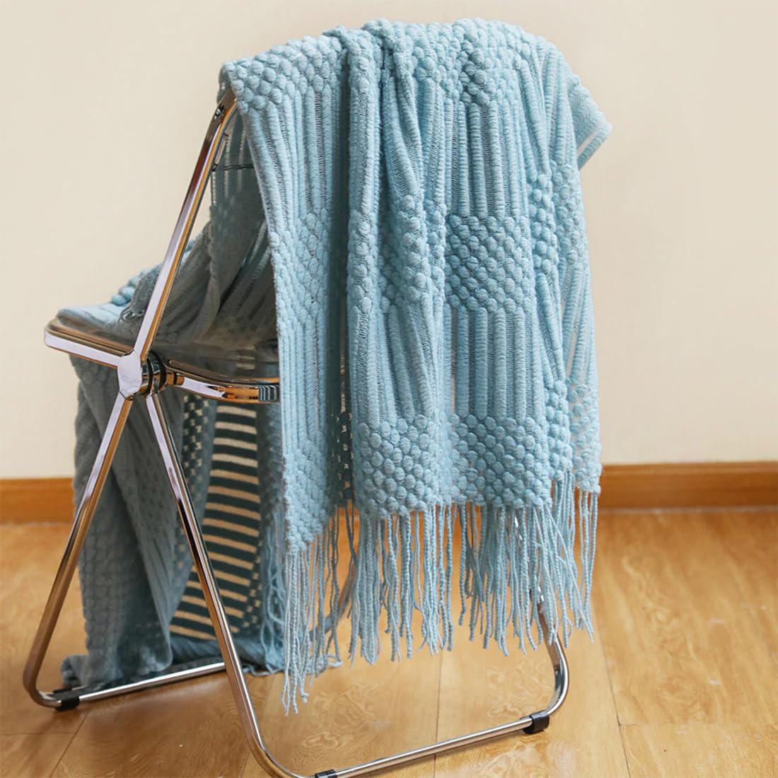 Fennco Styles Striped Knit Solid Fringe Throw Blanket 50" W x 60" L - Navy Blue Soft Textured Light Weight Blanket for Sofa, Couch, Living Room and Bedroom Décor