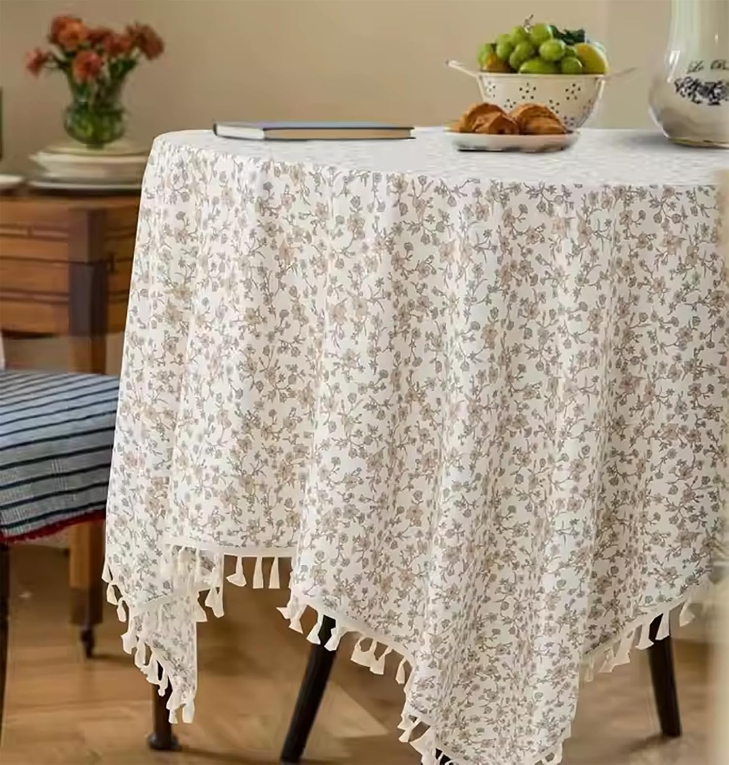 Fennco Styles Spring Floral White Cotton Tablecloth with Tassel – 56" W X 56" L Delicate Botanical Print Table Cover for Dining Room, Tea Party, Banquet or Spring Decor