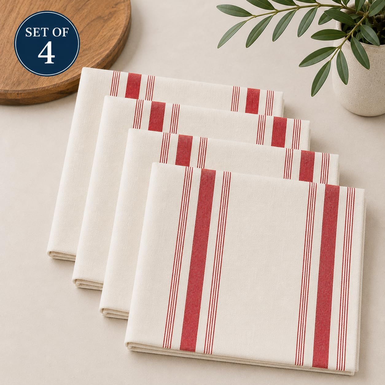 Fennco Styles Beige Cotton Cloth Napkins with Red Striped Design 20" X 20", Set of 4 - Farmhouse Reusable Dinner Napkins for Everyday Dining, Kitchen, Holiday & Rustic Table Décor