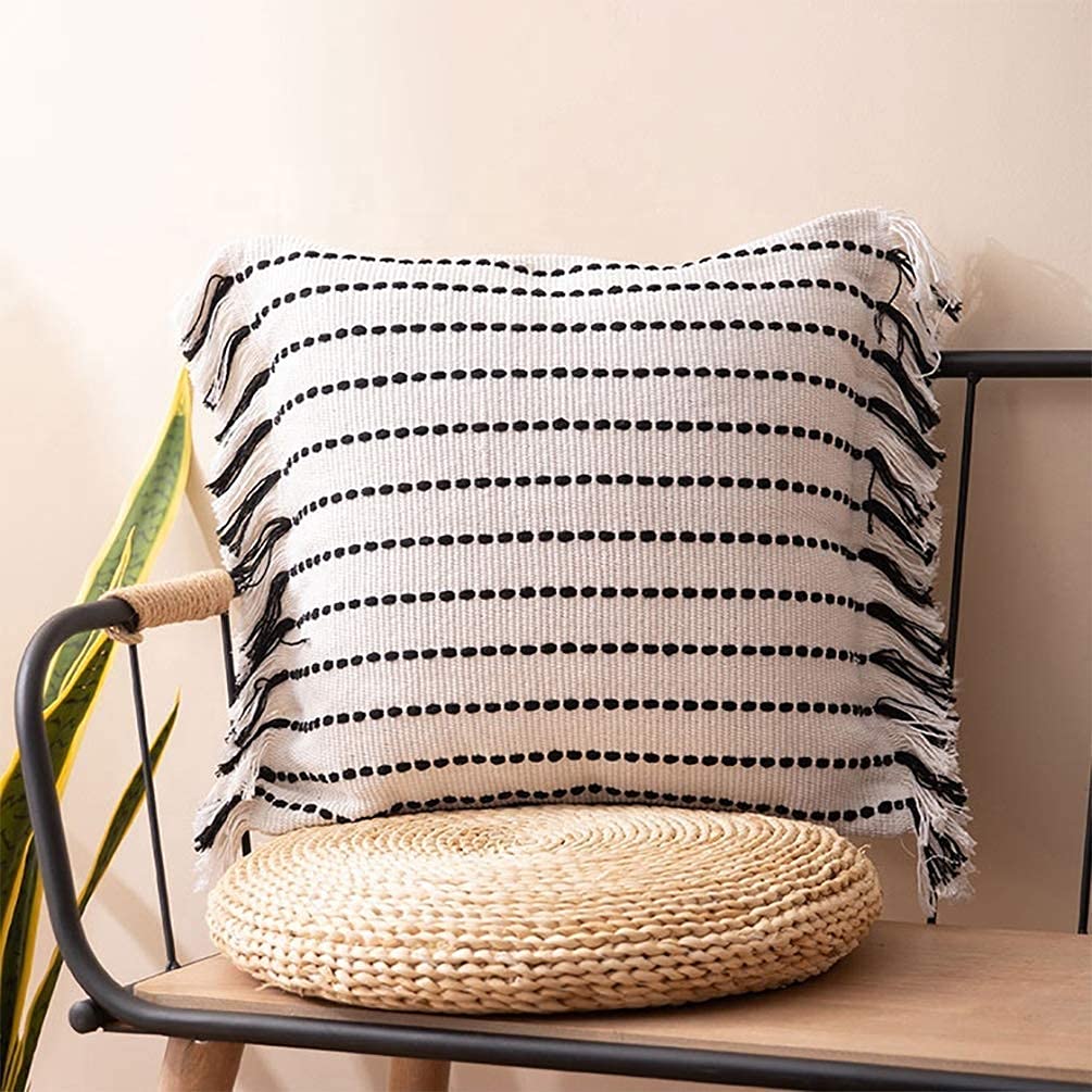 Fennco Styles Stitch Line Woven Fringe Cotton Decorative Throw Pillow 20" W x 20" L - White Cushion for Couch, Bedroom, Living Room and Office Décor