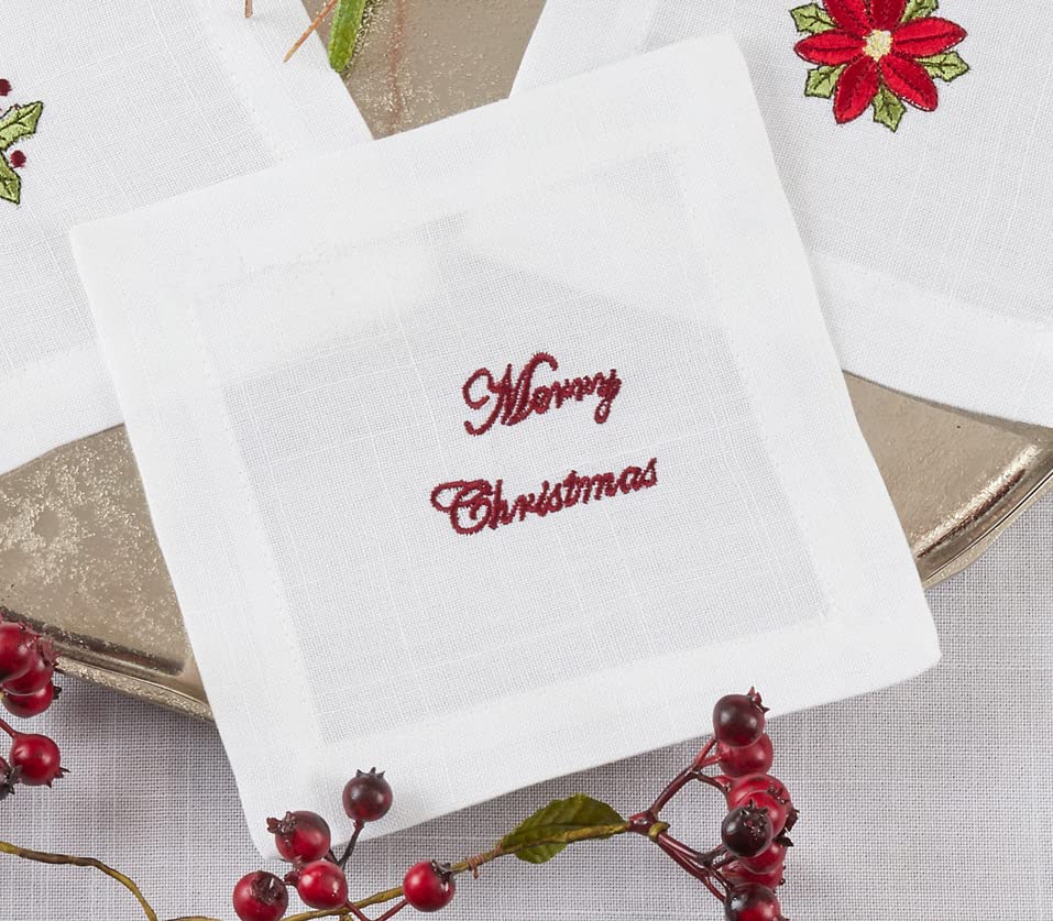 Fennco Styles Embroidered Christmas Cocktail Napkins 6" W x 6" L, Set of 4 - White Cloth Coasters for Dining Table, Family Gatherings, Holidays, Banquets & Home Décor