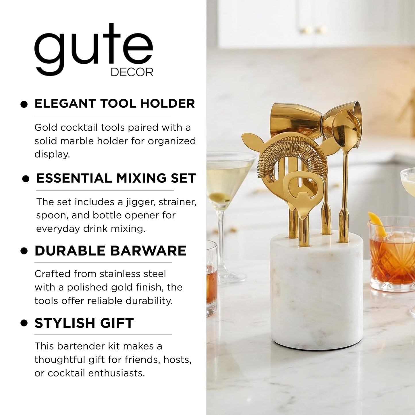 Gold Marble Cocktail Bar Tool Set, 5 Piece 9.06 x 3.75 Inch White Stone Holder Stainless Steel