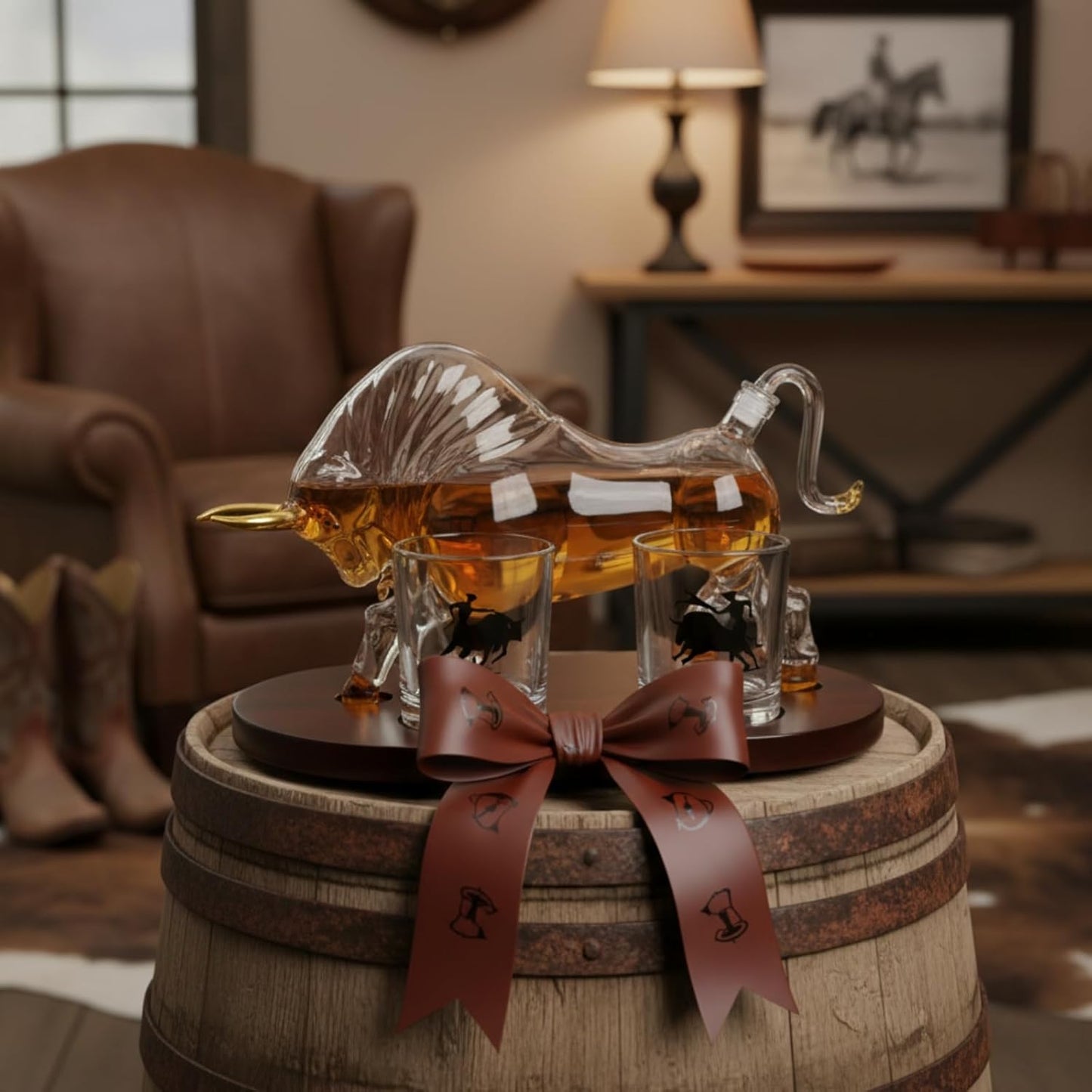 Western Cowboy & El Matador Bull Whiskey Decanter Set