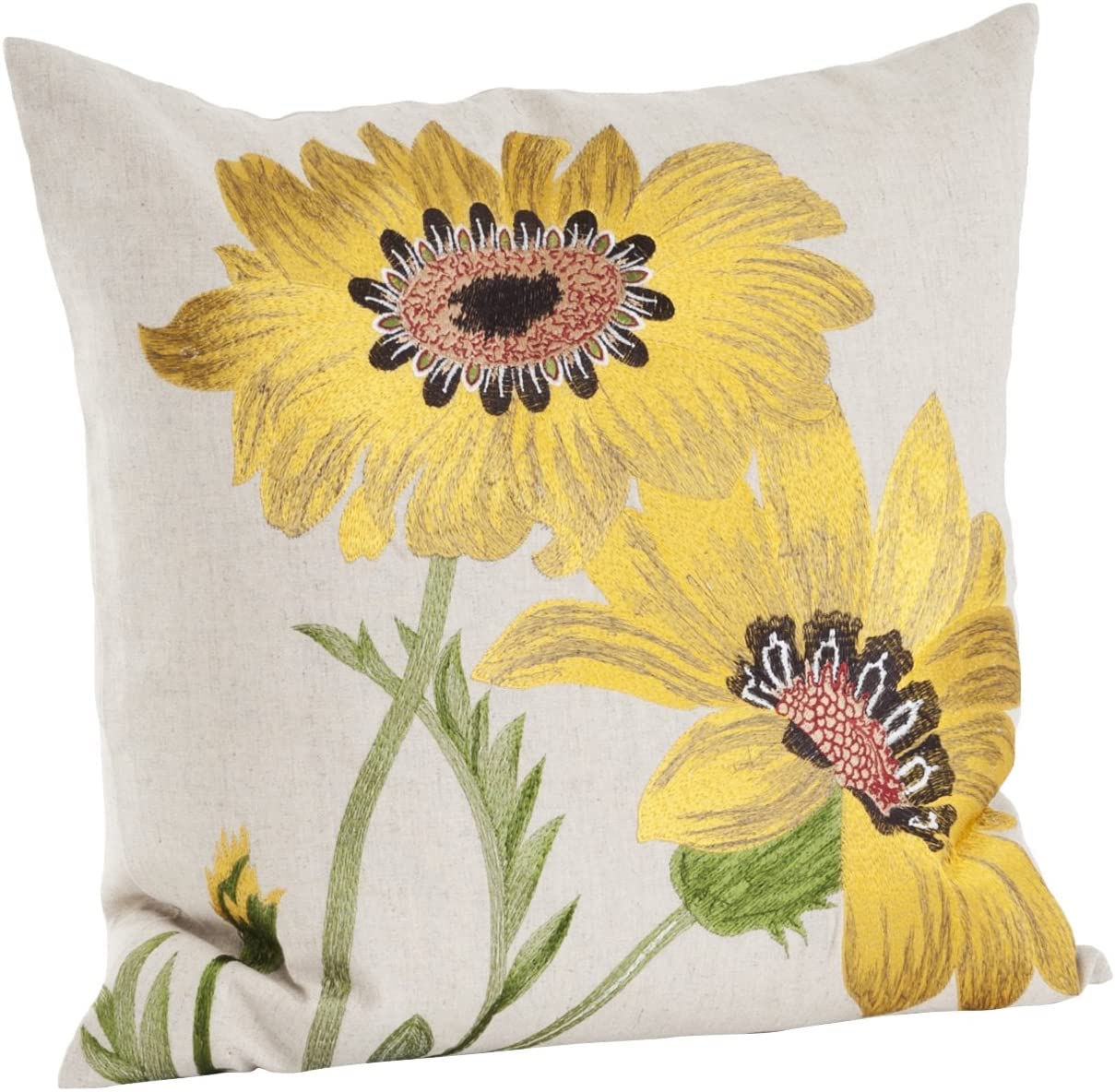 Fennco Styles Le Tournesol Embroidered Sunflower Decorative Throw Pillow, Filler Included, 18-Inch Square - Red Flower Cotton Linen Pillow for Home, Couch, Living Room and Bedroom Décor