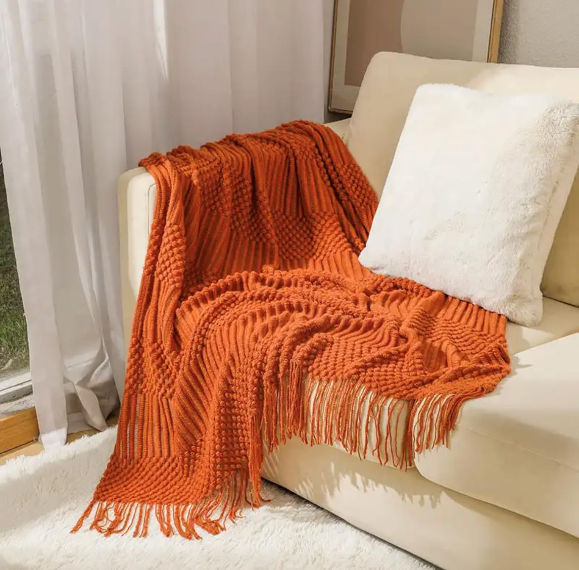 Fennco Styles Striped Knit Solid Fringe Throw Blanket 50" W x 60" L - Navy Blue Soft Textured Light Weight Blanket for Sofa, Couch, Living Room and Bedroom Décor