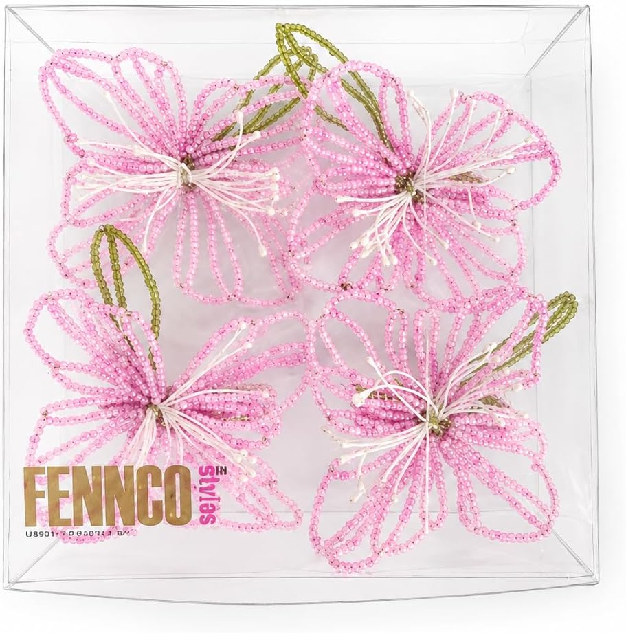 Fennco Styles Pink Beaded Flower Napkin Rings Set of 4, Handmade Floral Napkin Holders for Easter, Garden Parties, Bridal Showers, Weddings, and Everyday Entertaining
