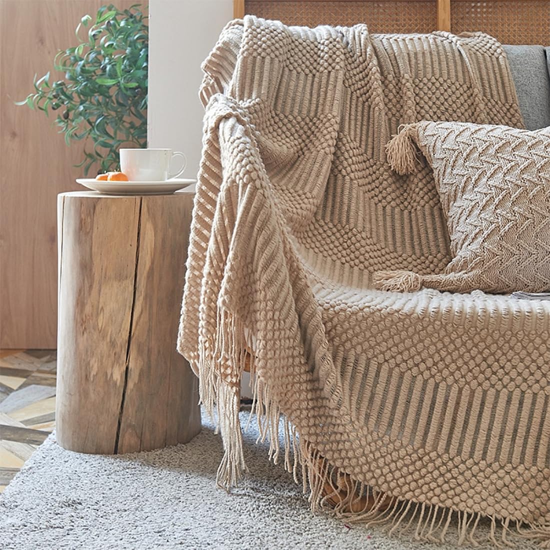 Fennco Styles Striped Knit Solid Fringe Throw Blanket 50" W x 60" L - Navy Blue Soft Textured Light Weight Blanket for Sofa, Couch, Living Room and Bedroom Décor