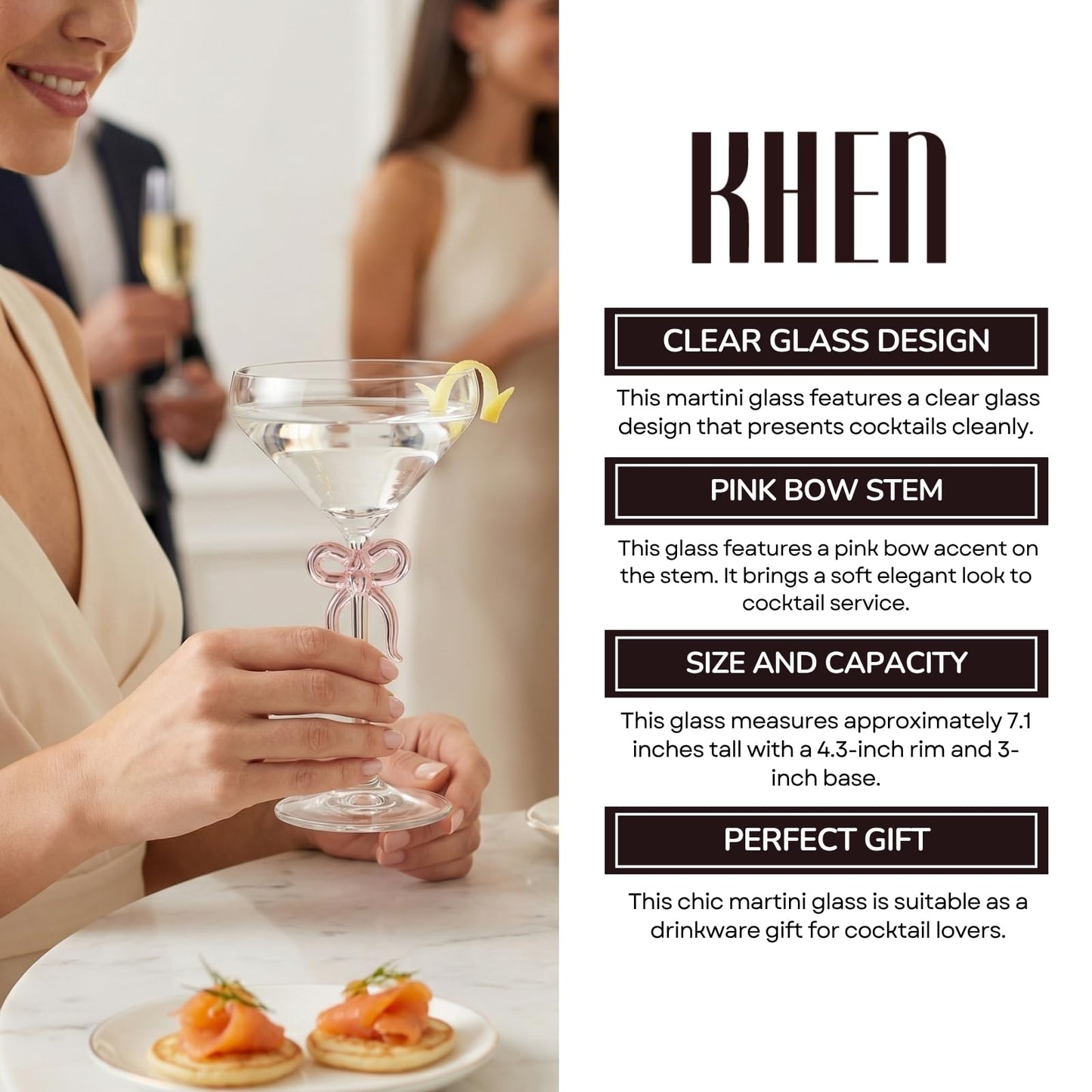 Single Clear Martini Glass with Pink Bow on Stem, One Piece