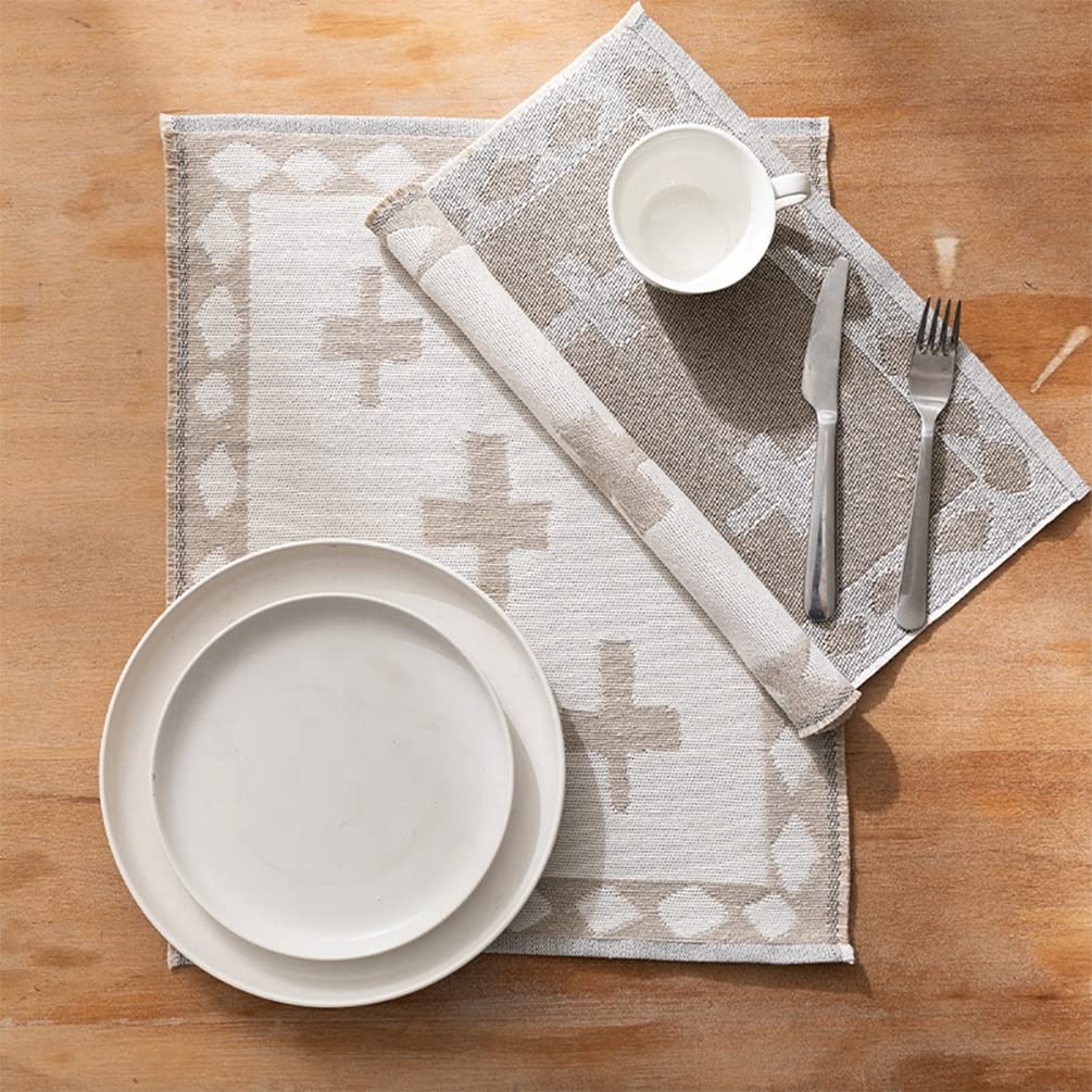 Fennco Styles Reversible Two-Tone Woven Plus Sign Placemats 14”W x 19”L, Set of 4 - Grey Textured Table Mats for Home, Dining Table Décor, Banquets, Holidays