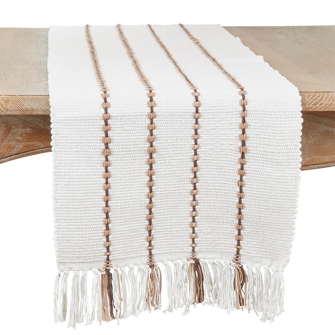 Fennco Styles Stripe Design Tassel Cotton Table Runner 16" W X 72" L - Ivory Woven Table Cover for Home, Dining Table, Banquets, Thanksgiving, Christmas, Holidays and Special Occasion