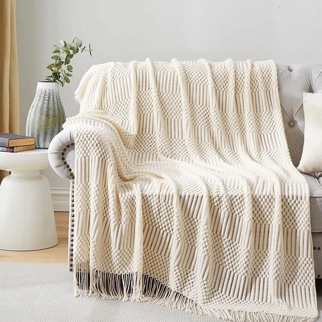 Fennco Styles Striped Knit Solid Fringe Throw Blanket 50" W x 60" L - Navy Blue Soft Textured Light Weight Blanket for Sofa, Couch, Living Room and Bedroom Décor