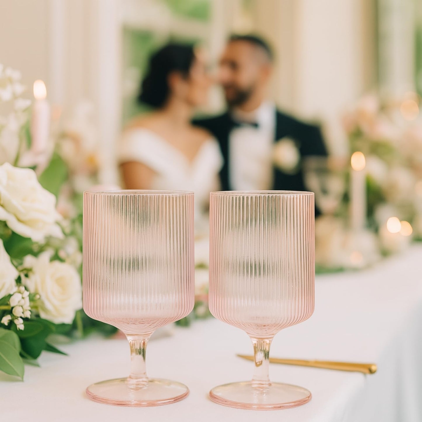 Khen Ripple Textured Blush Pink Stemmed Glass Wine Goblets | Set of 2