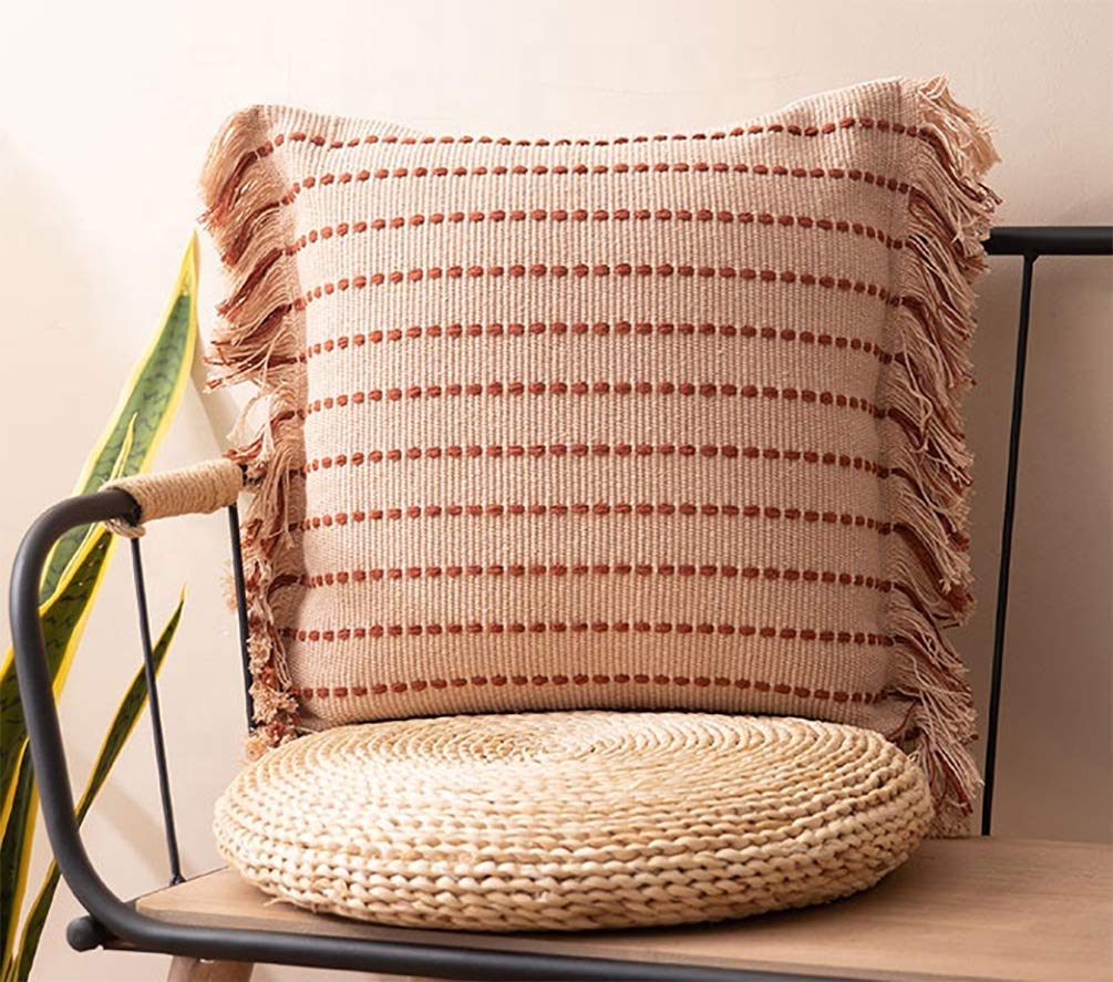 Fennco Styles Stitch Line Woven Fringe Cotton Decorative Throw Pillow 20" W x 20" L - White Cushion for Couch, Bedroom, Living Room and Office Décor