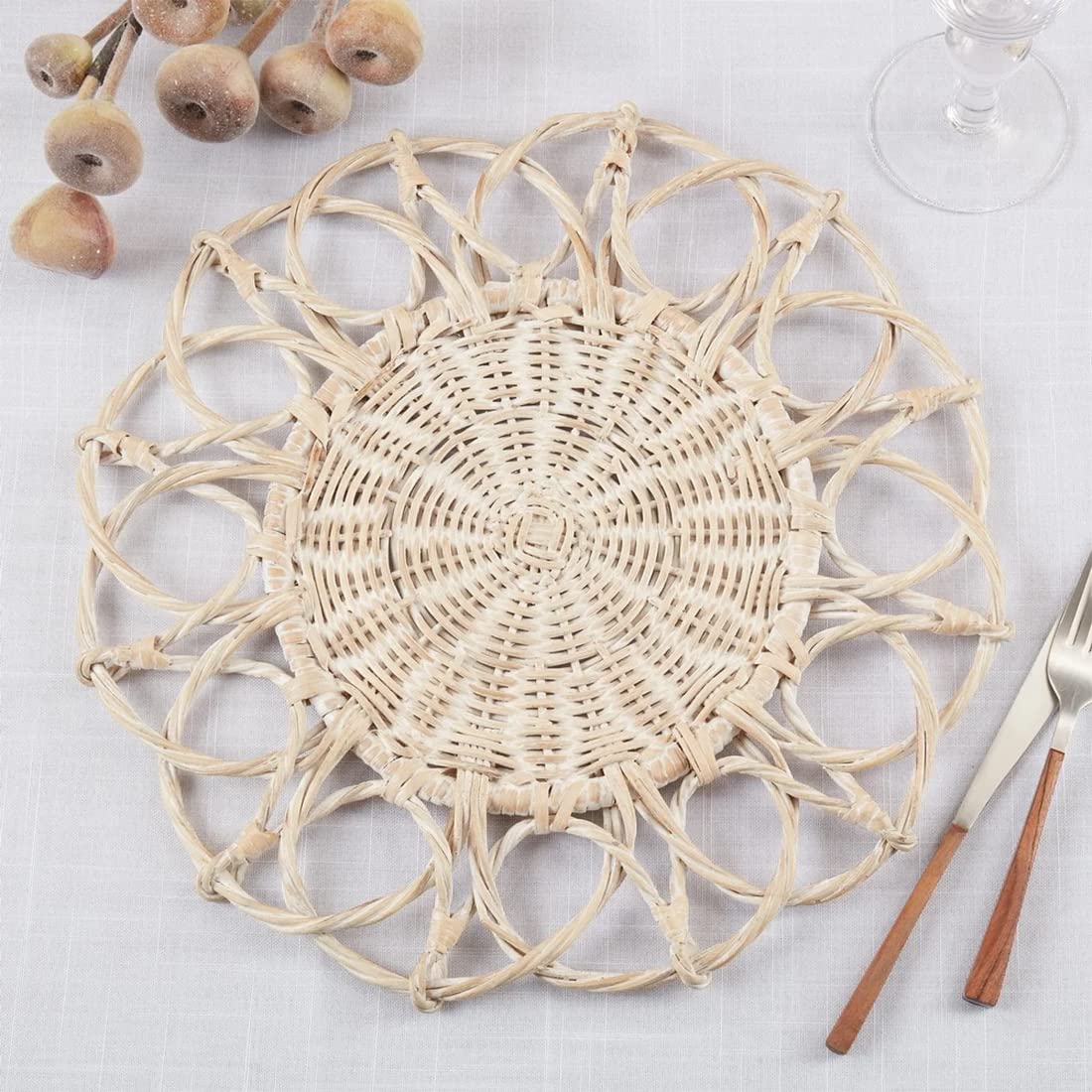 Fennco Styles Hand Twisted Rattan Placemat 15" Round, 1- Piece - Caramel Boho Flower Table Mats Heat Resistant Insulation for Home, Boho Décor, Dining Table, Banquets, Special Events