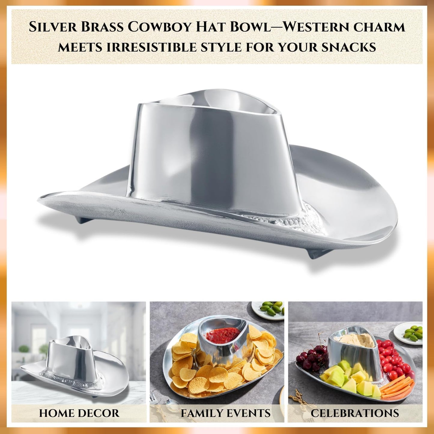 Cowboy Hat Chip and Dip Serving Bowl Silver Brass Snack