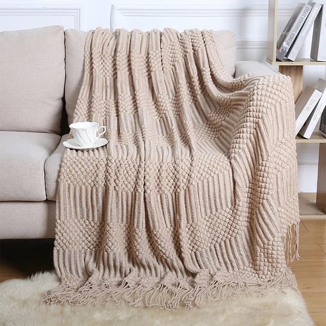 Fennco Styles Striped Knit Solid Fringe Throw Blanket 50" W x 60" L - Navy Blue Soft Textured Light Weight Blanket for Sofa, Couch, Living Room and Bedroom Décor