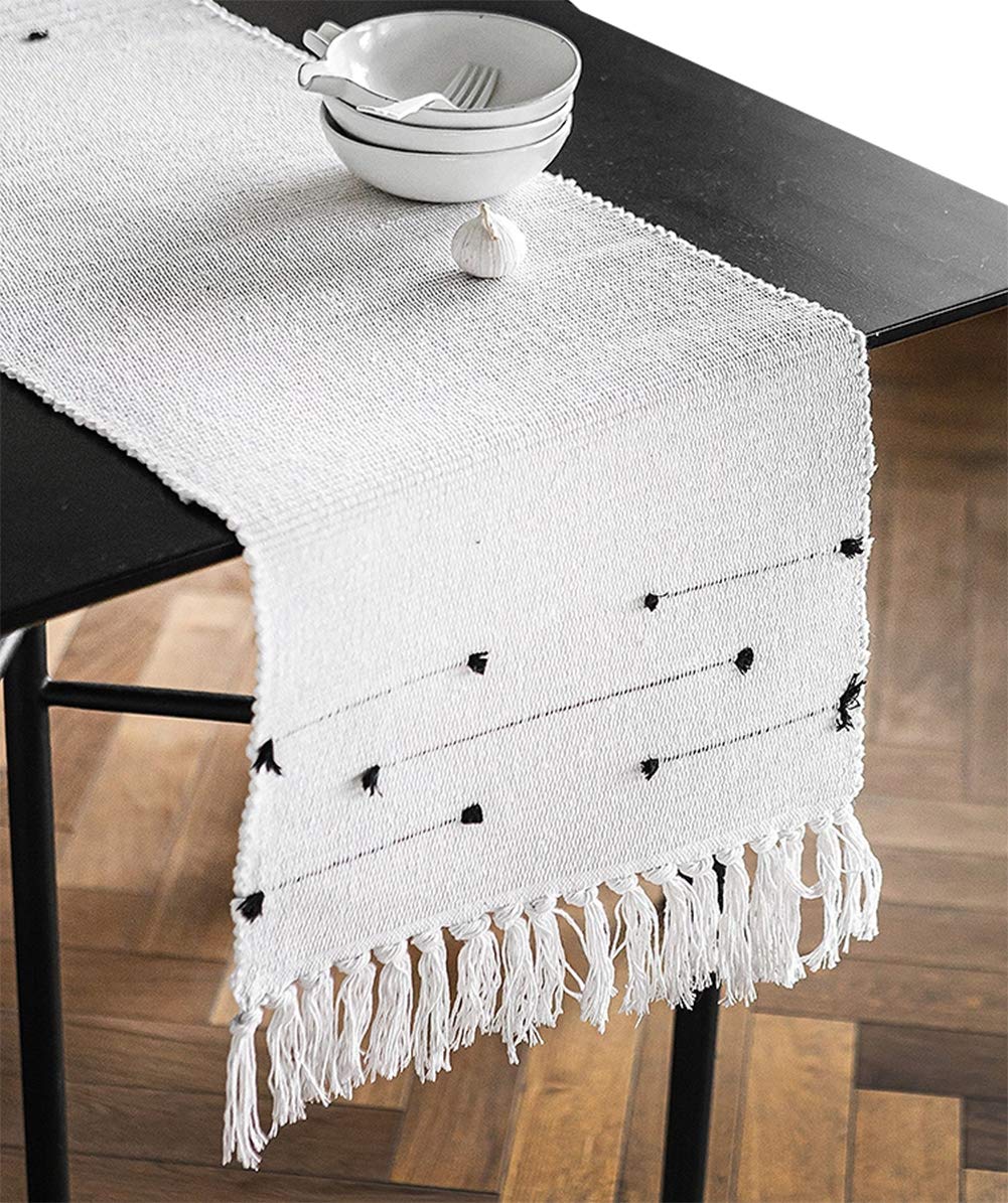 Fennco Styles Boho Chic Stitched Chevron Fringe 14 x 71 Inch Cotton Blend Table Runner - Ivory Table Runner for Everyday Use, Dinner Parties, Special Events and Home Décor