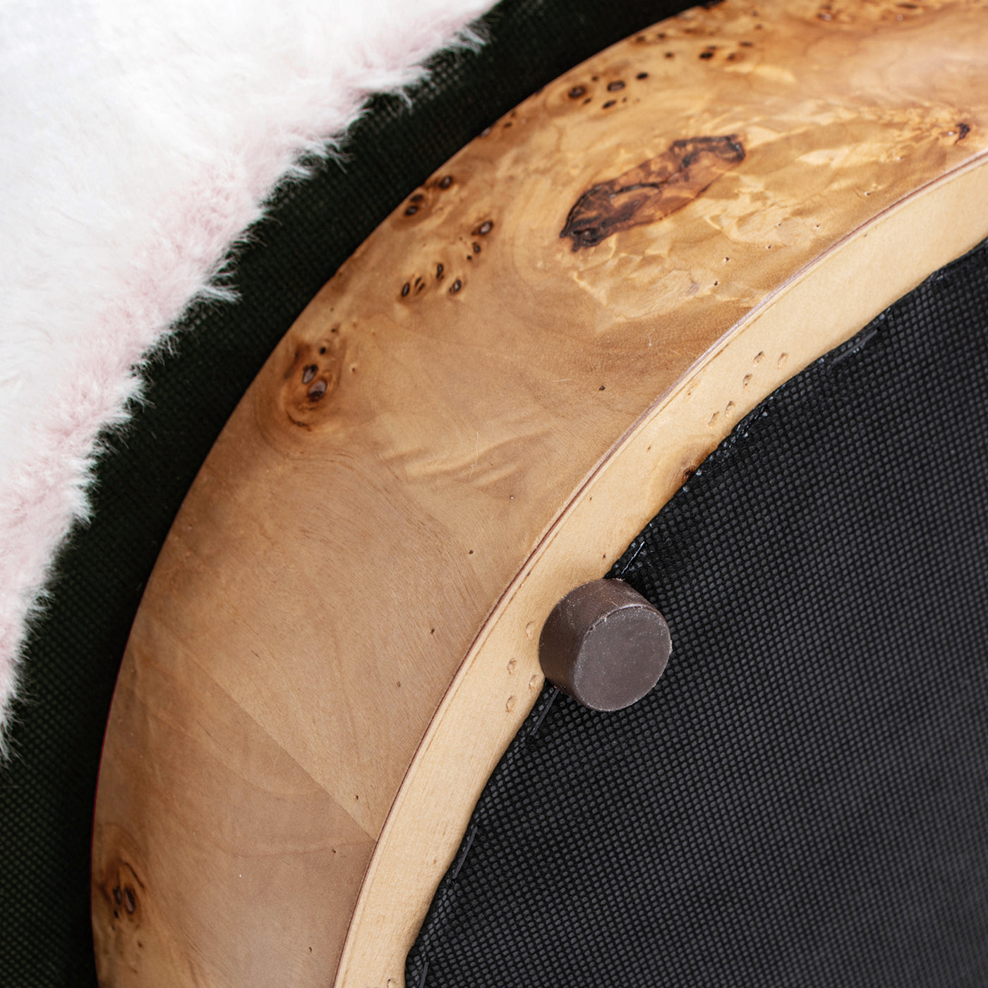 Tilly 16.5" Round Fur Upholstered & Burl Pouf Ottoman