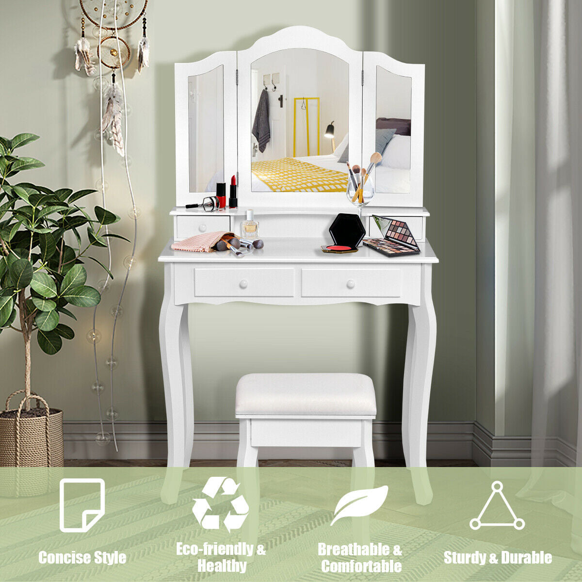 4 Drawers Wood Mirrored Vanity Dressing Table with Stool