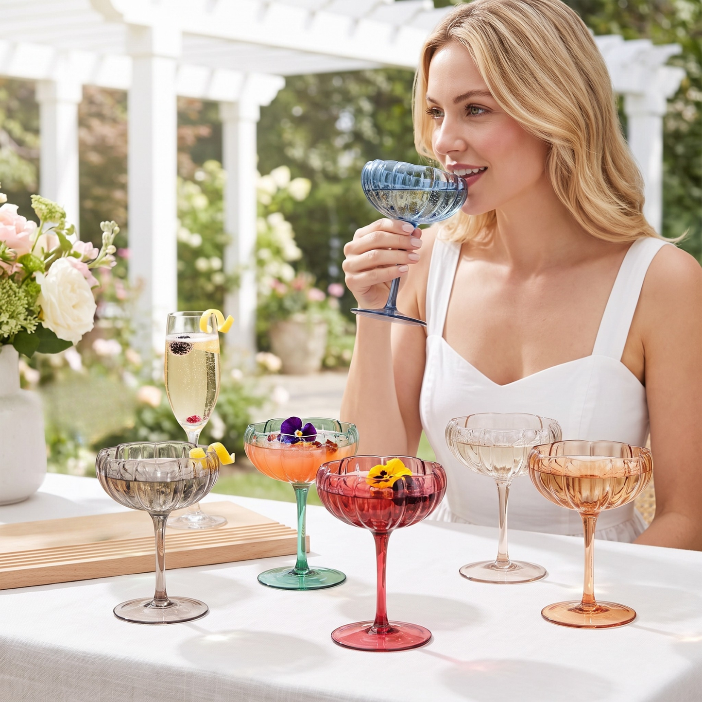 Flower Coupe Cocktail Colored Glasses | Set of 6 | Muted
