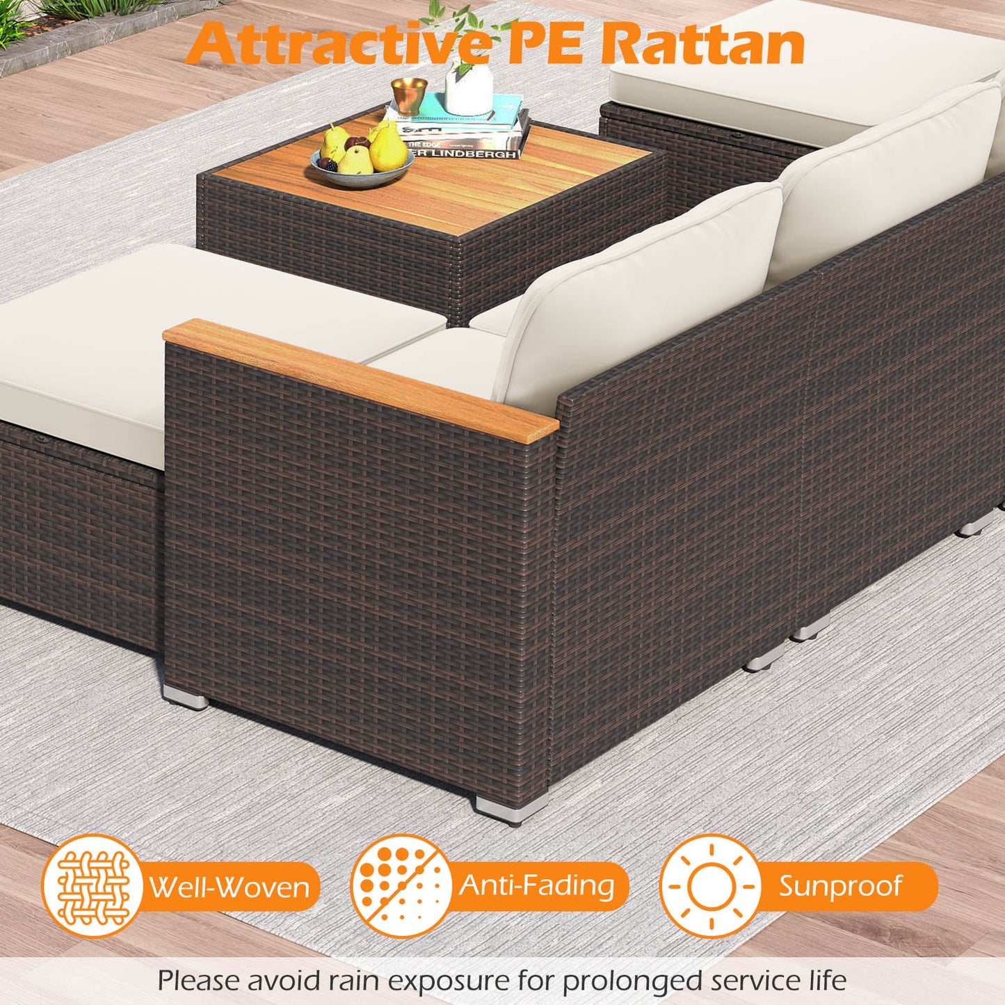 7 Pieces Wicker Conversation Set with Wood Armrests for Backyard-White