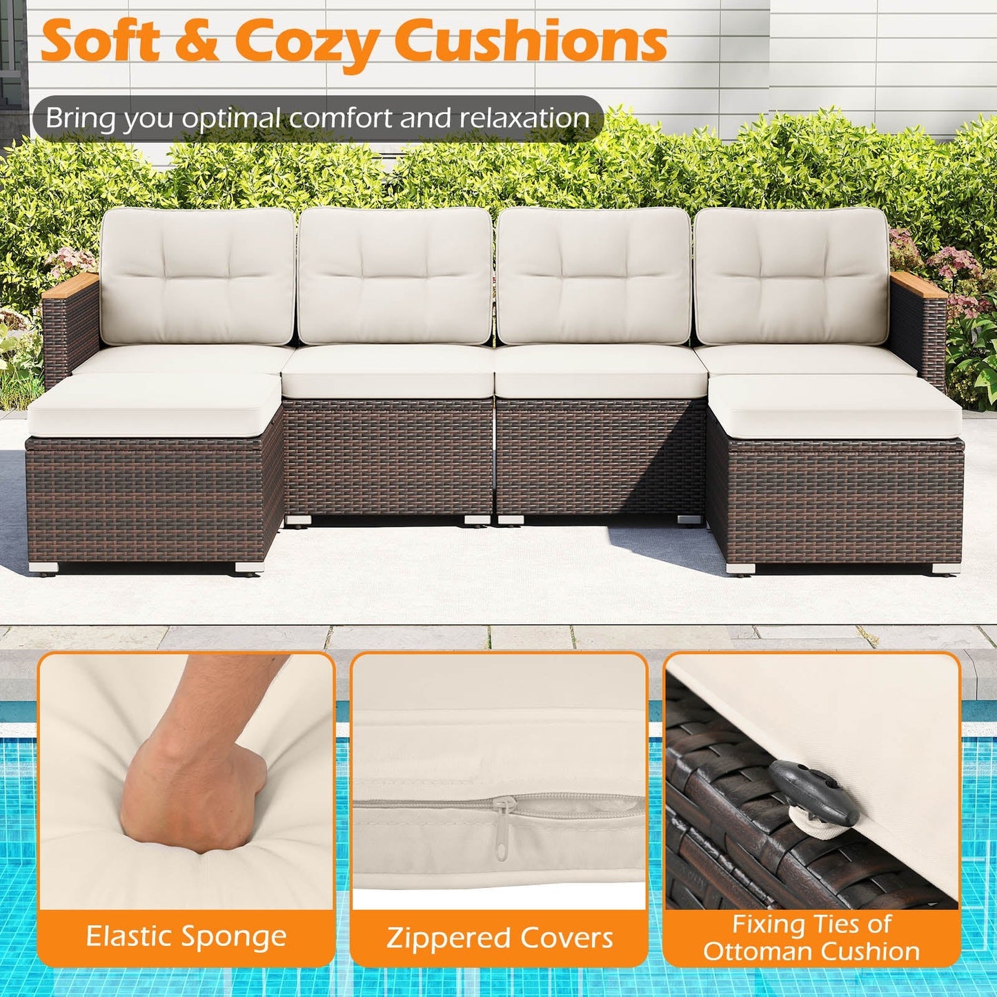 7 Pieces Wicker Conversation Set with Wood Armrests for Backyard-White