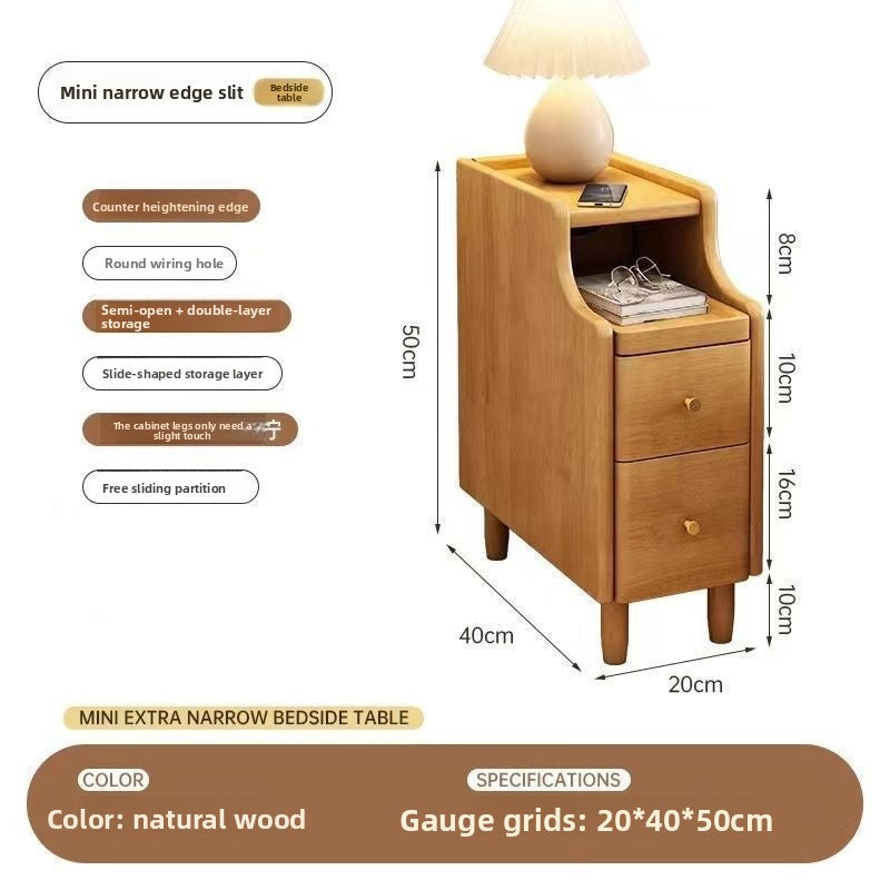 Narrow Solid Wood Bedside Table with Glass Top