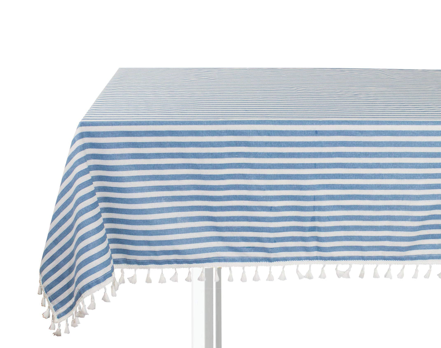 Fennco Styles Simply Striped Tassel Cotton Blend 55 x 55 Inch Tablecloth - Green Table Cover for Banquets, Holiday, Special Events, Outdoor and Home Décor