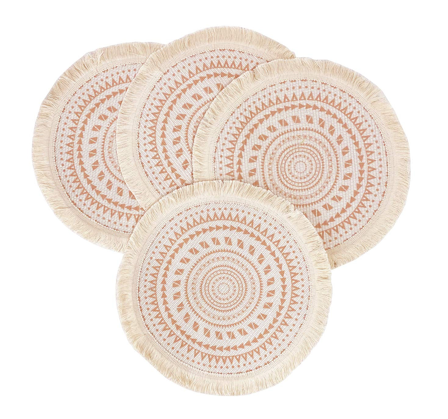 Fennco Styles Boho Geometric Fringe Decorative Cotton Placemats 13-inch Round, Set of 4 - Heat Resistant Insulation Table Mats for Home Decor, Dining Table, Banquets and Special Events