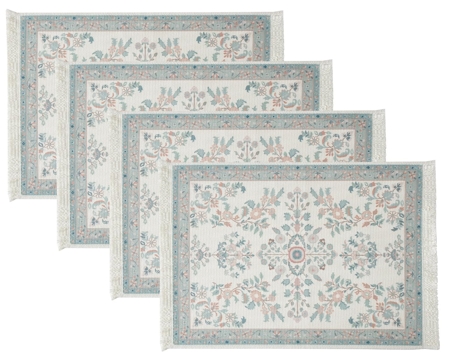 Fennco Styles Antique Turkish Printed with Fringe Placemats 14" W x 19" L, Set of 4 - Brown Oriental Woven Table Mats for Dining Room, Banquets, Family Gatherings, and Holidays