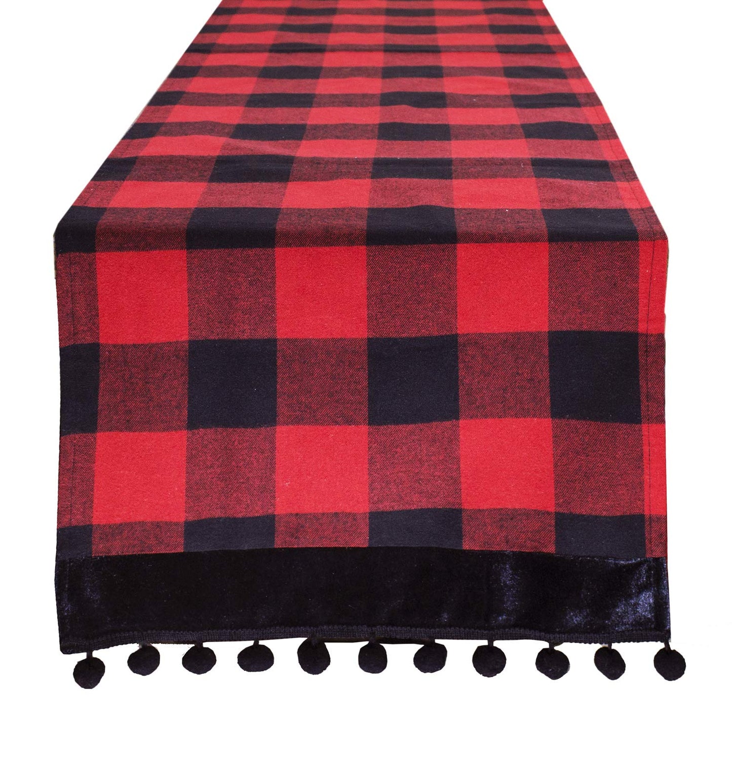 Fennco Styles Buffalo Plaid Red and Black Velvet Pom Pom Trim Design Cotton Table Runner