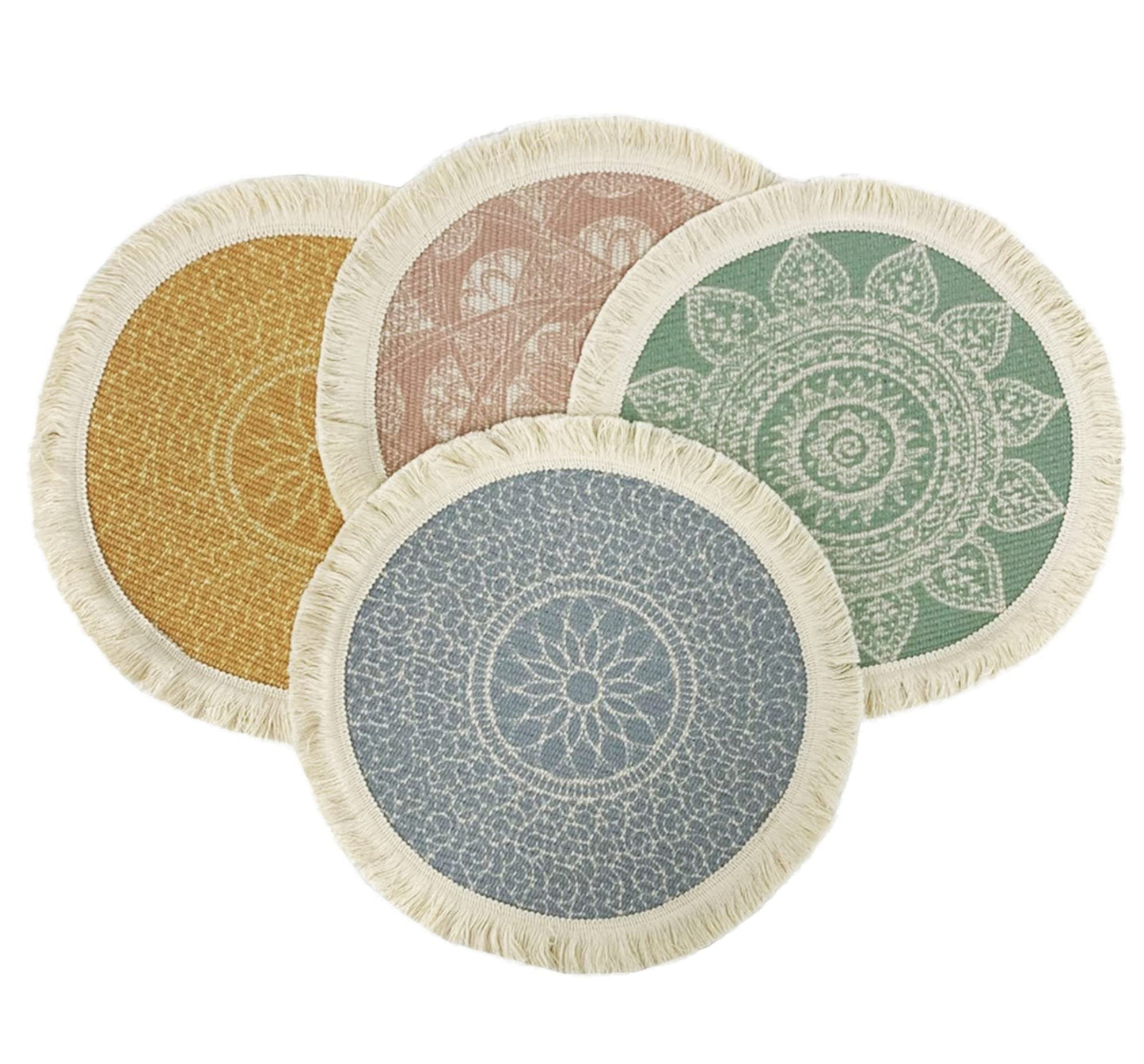 Fennco Styles Unique Dream Catcher Fringe Cotton Placemats 14-inch Round, Set of 4 - Boho Decorative Table Mats for Home Decor, Dining Table, Banquets and Special Events