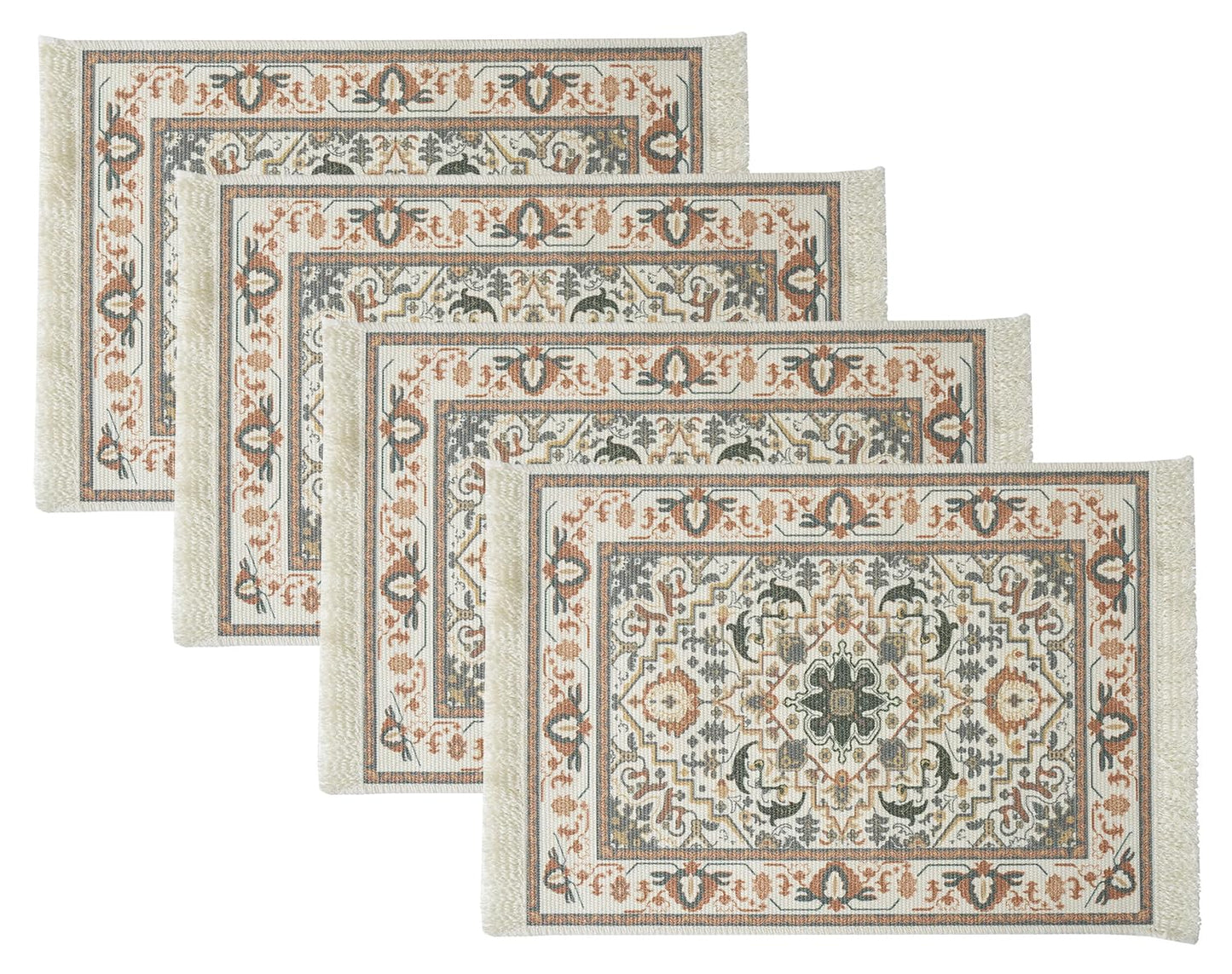 Fennco Styles Antique Turkish Printed with Fringe Placemats 14" W x 19" L, Set of 4 - Brown Oriental Woven Table Mats for Dining Room, Banquets, Family Gatherings, and Holidays