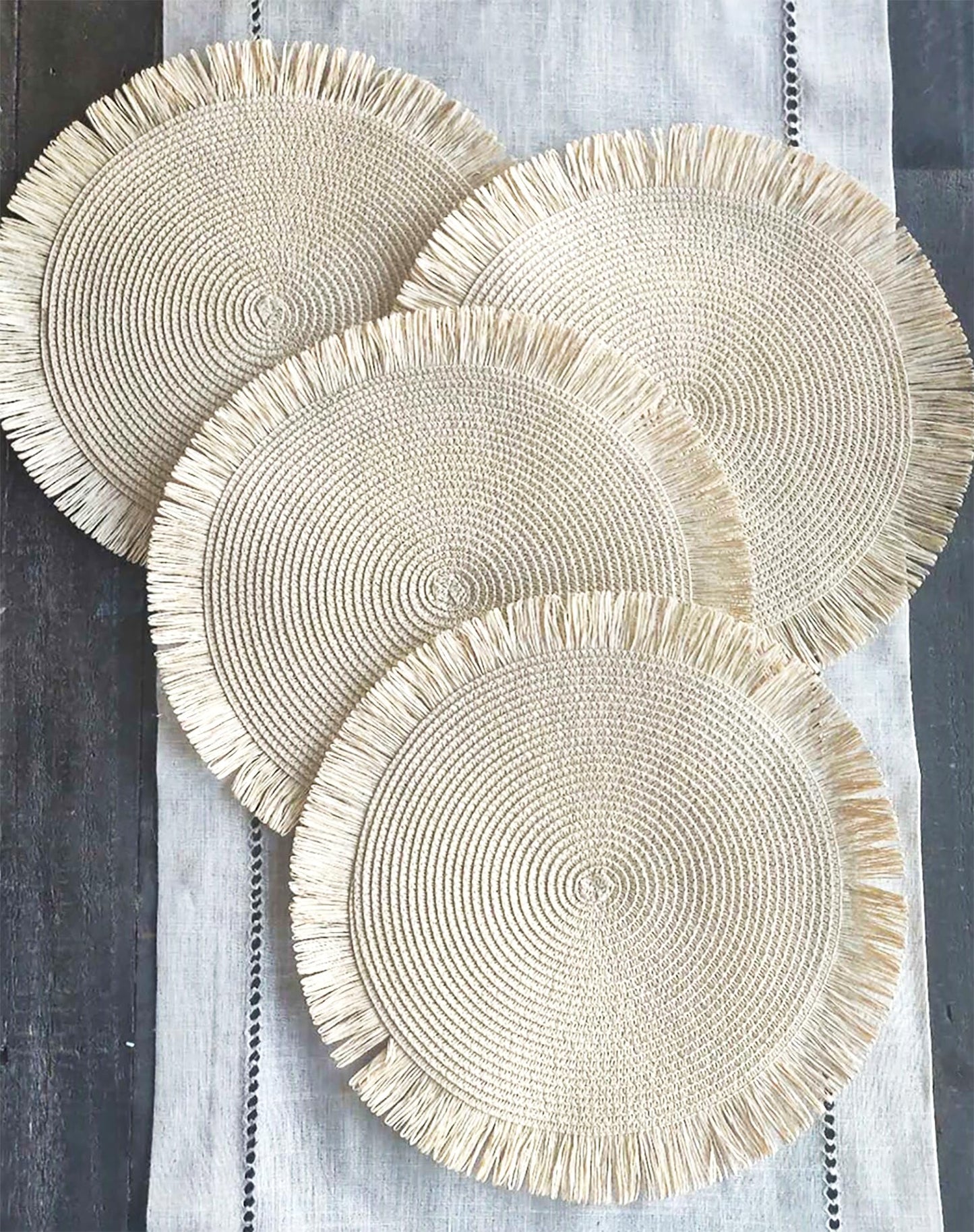 Fennco Styles Handwoven Fringe Boho Placemats 15" Round - Natural Braided Texture Table Mats for Home, Dining Room, Banquets, Family Gathering and Special Occasion